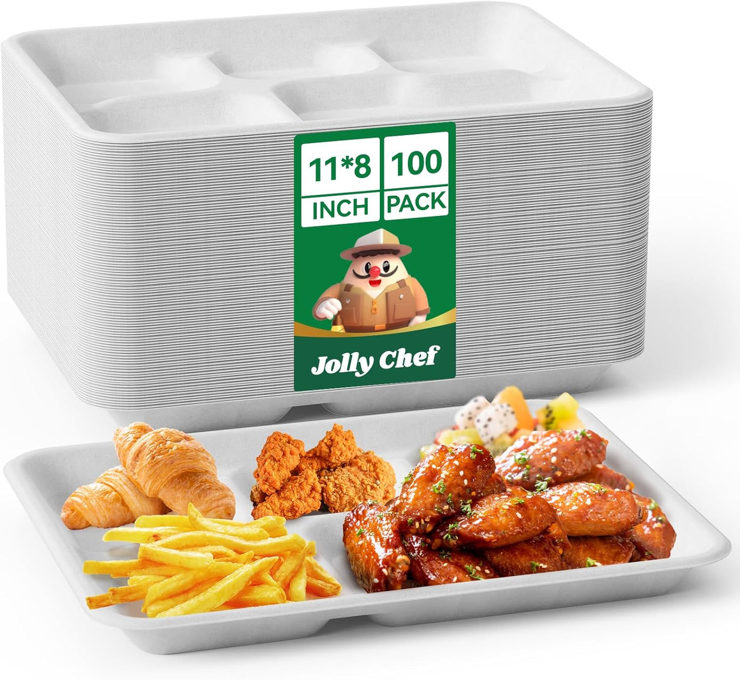 JOLLY CHEF Compostable 𝟱 Compartment Paper Plates 𝟭𝟭 * 𝟴 𝗶𝗻𝗰𝗵 [𝟭𝟬𝟬 𝗣𝗮𝗰𝗸] Heavy Duty White Divided Disposable Plate Eco-Friendly Biodegradable Containers Food Tray for Party Lunch Buffet