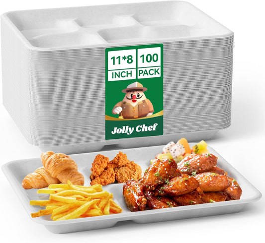JOLLY CHEF Compostable 𝟱 Compartment Paper Plates 𝟭𝟭 * 𝟴 𝗶𝗻𝗰𝗵 [𝟭𝟬𝟬 𝗣𝗮𝗰𝗸] Heavy Duty White Divided Disposable Plate Eco-Friendly Biodegradable Containers Food Tray for Party Lunch Buffet