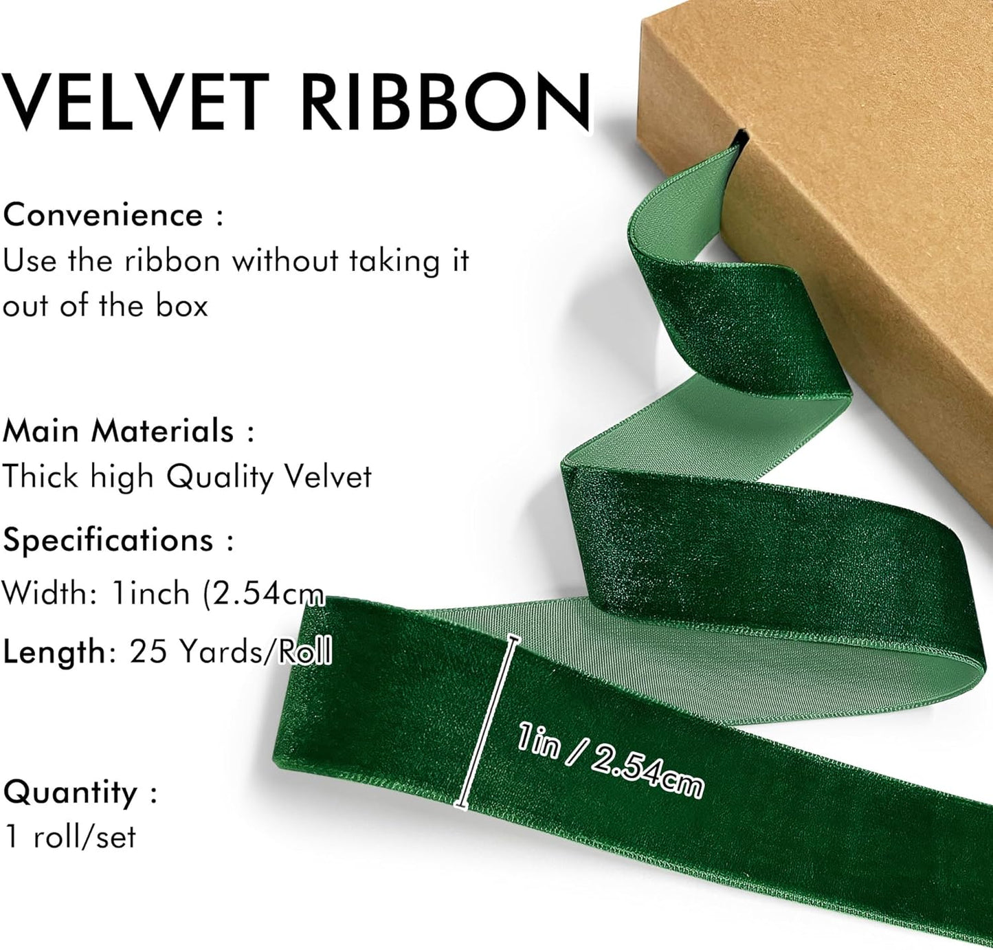 Dark Green Velvet Ribbon 1'' 25 Yards for Christmas Tree, Gift Wrapping, Flower Bouquet, Wreath Decorations, Bow Making