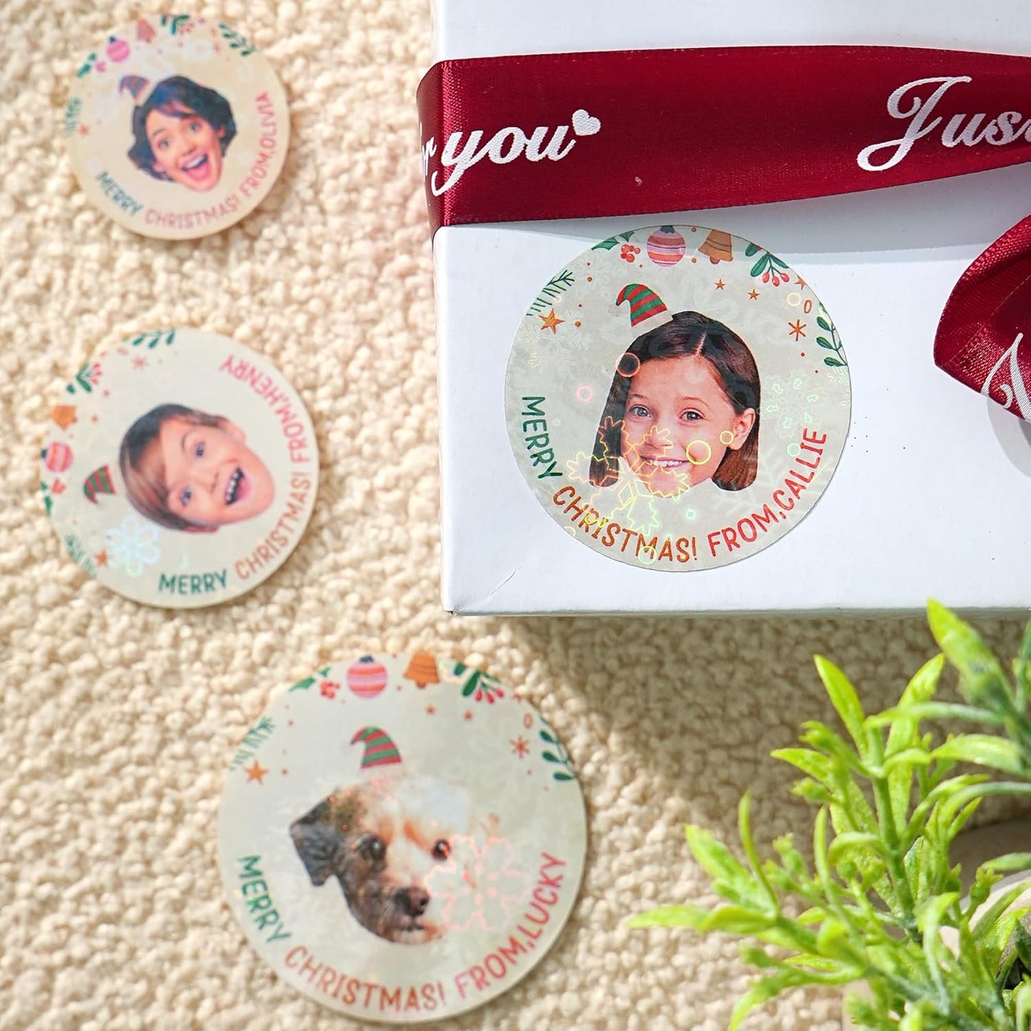 callie Personalized Christmas Stickers with Photo Name, Custom Waterproof Glitter Xmas Labels for Crafts Cards Envelope Seal Party Decorations, 24pcs