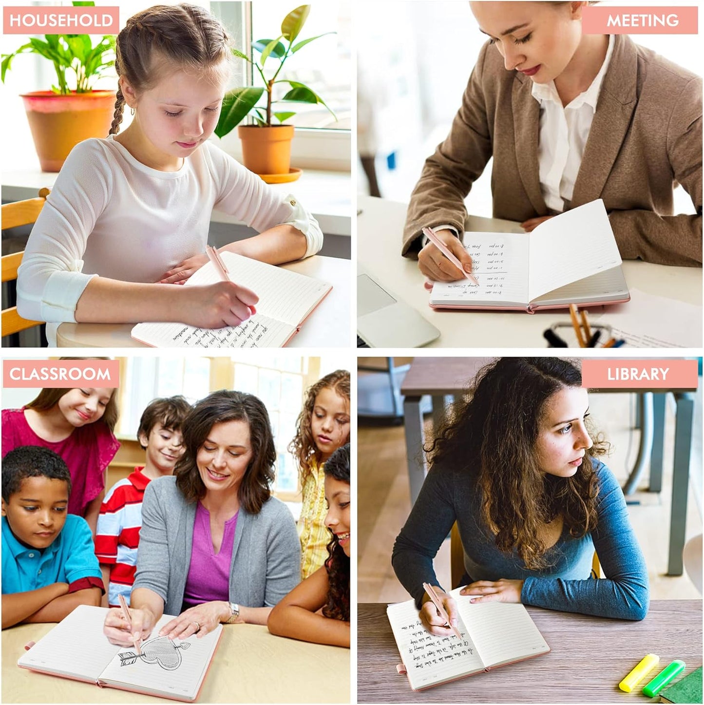 feela 5 Pack Notebooks Journals Bulk, Hardcover Classic Ruled Lined Journals with Pen Holder for Women Girls School Business Supplies, with 5 Black Pens, 120 GSM, 5.1”x8.3”, A5, Light Coral