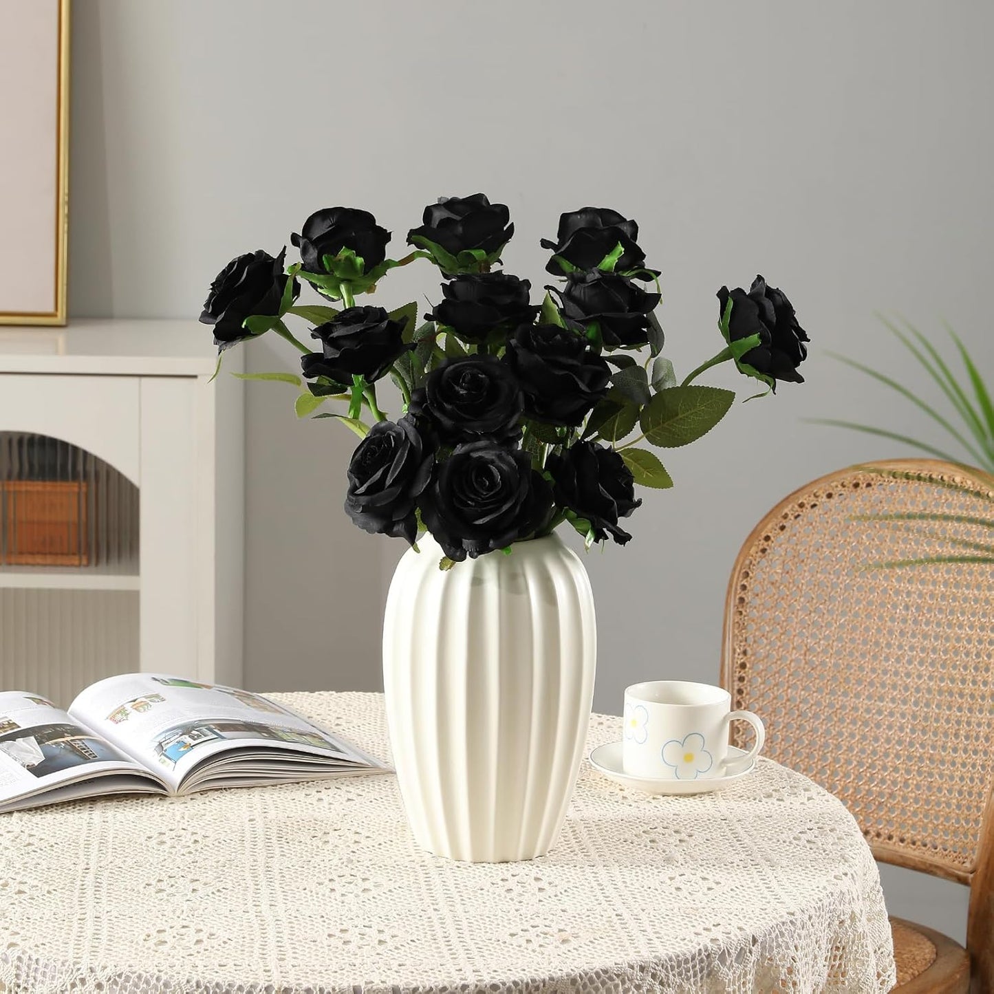 Tifuly Black Roses Artificial Flowers -12 pcs Realistic Single Long Stem Fake Silk Roses Bouquet for Party Home Wedding Centerpiece Office Halloween DIY Decor