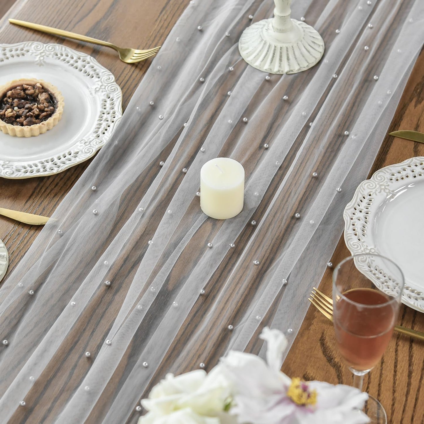 Artoid Mode Pearl Grey Gauze Table Runner 120 Inch 10FT, Seasonal Sheer Dining Holiday Wedding Birthday Baby Shower Table Decor for Home Party