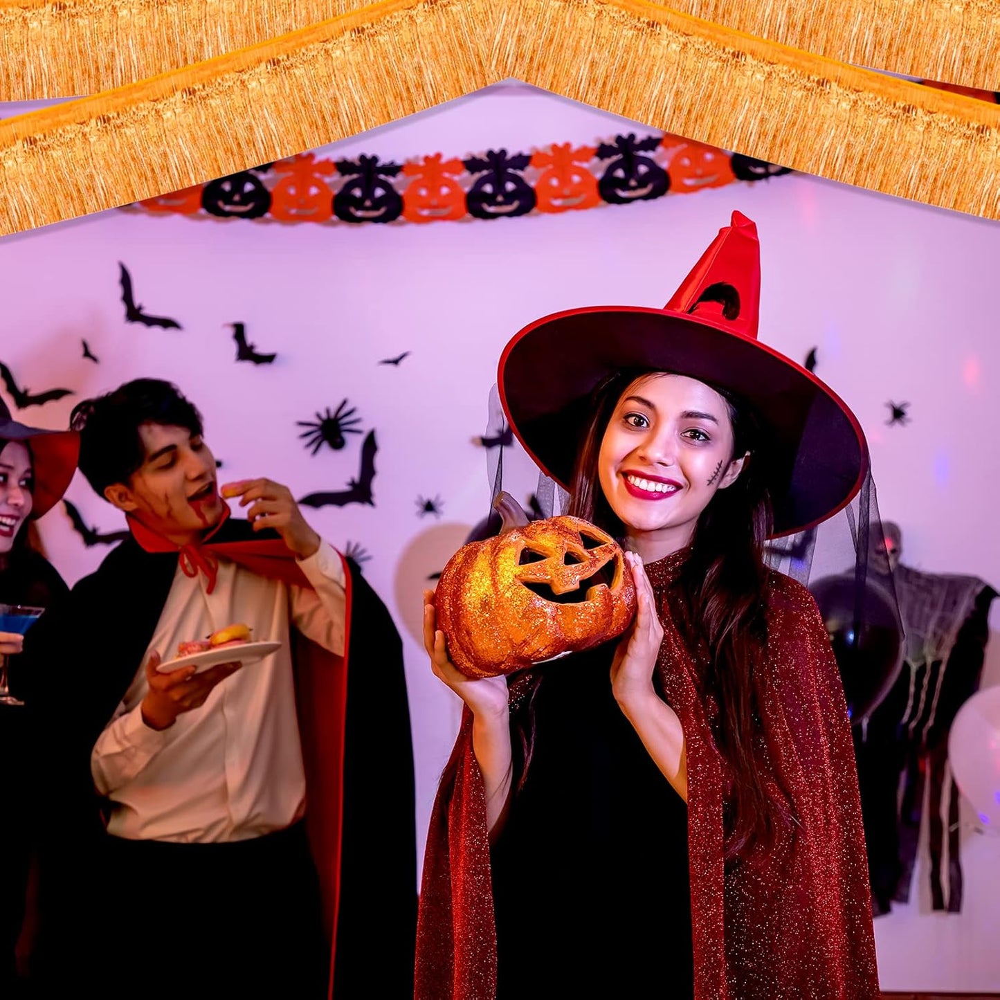 10 Pack 10 Feet Foil Fringe Garland Metallic Tinsel Streamers Banner Wall Hanging Curtain Backdrop for Parade Floats, Bachelorette, Wedding, Birthday, Halloween, Christmas Party Decorations(Orange)