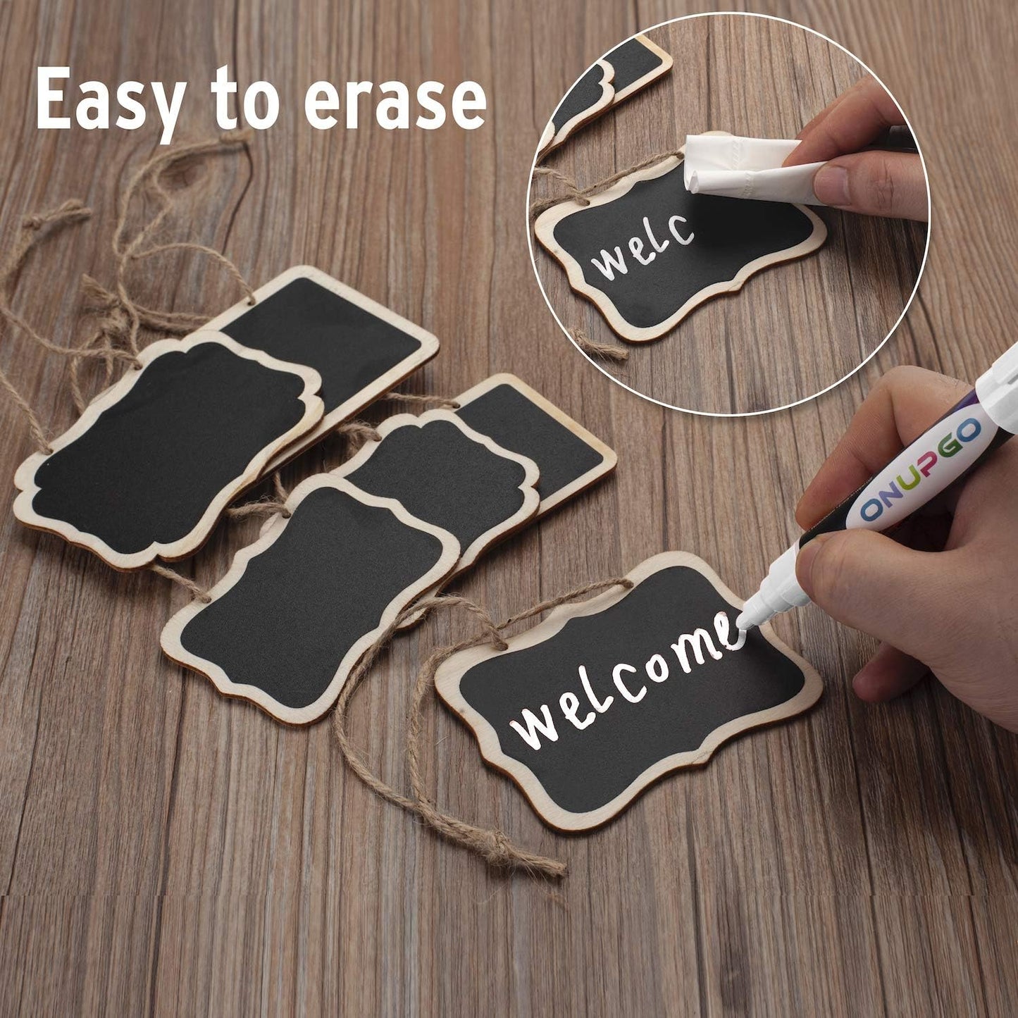 ONUPGO 20 Pack Chalkboard Tags with Liquid Chalk Marker, Double Sided Blackboard with Hanging String, Wooden Mini Erasable Chalkboard Signs, Hanging Chalkboard Labels, Price Tags, Message Tags