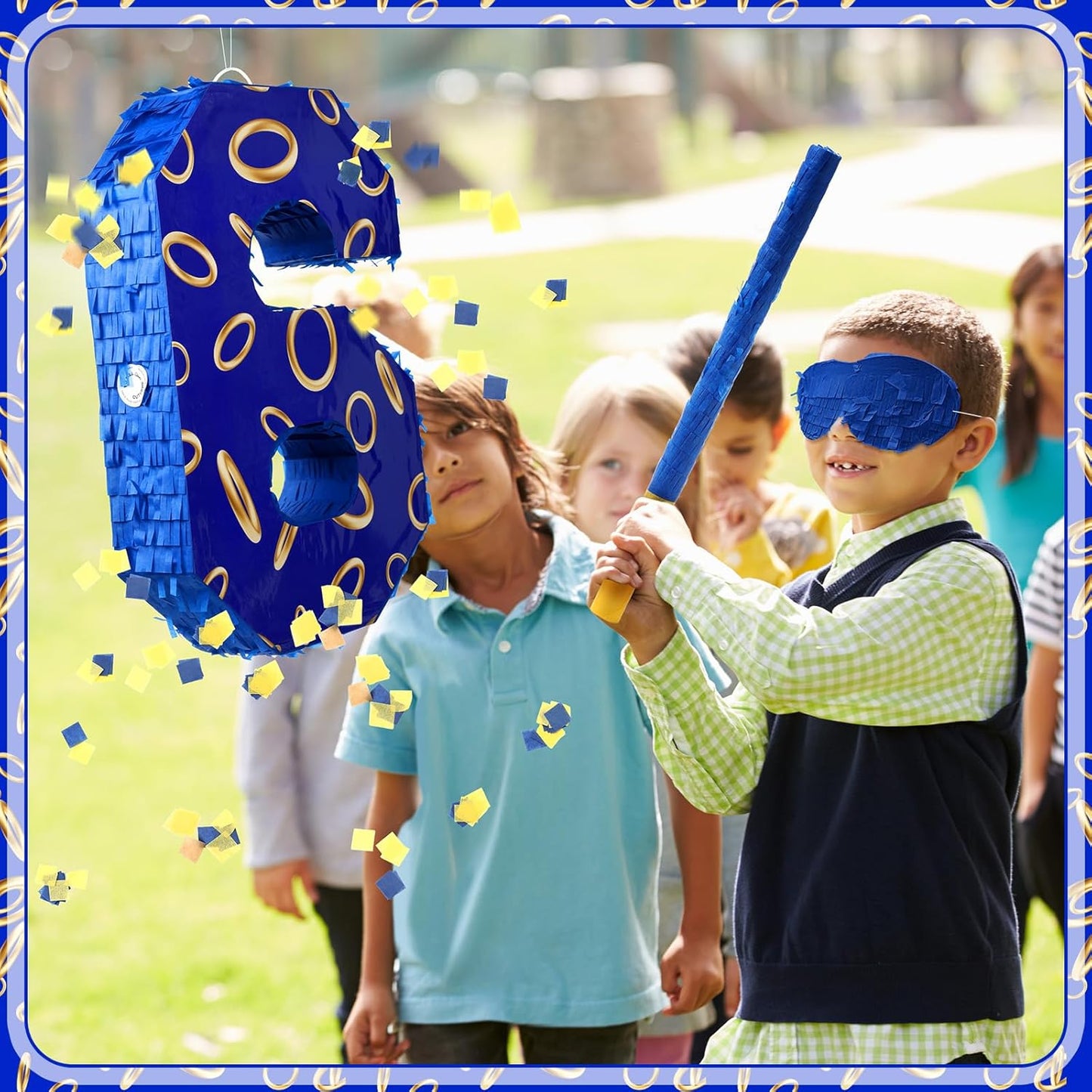 Number 6 Blue and Golden Rings Piñata for Kids Birthday Cartoon Theme Small Piñata with Blindfold Stick Confetti for Fiesta Cinco De Mayo Party Decor, 15.8 x 11 x 2.8 Inch