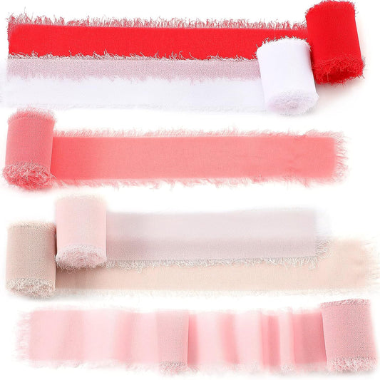 6 Rolls Handmade Fringe Chiffon Silk Ribbon 1.5" x 3 Yd Colorful Ribbon for Wedding Invitations, Bridal Bouquets, Gifts Wrapping, DIY Crafts (Pink Red Set)