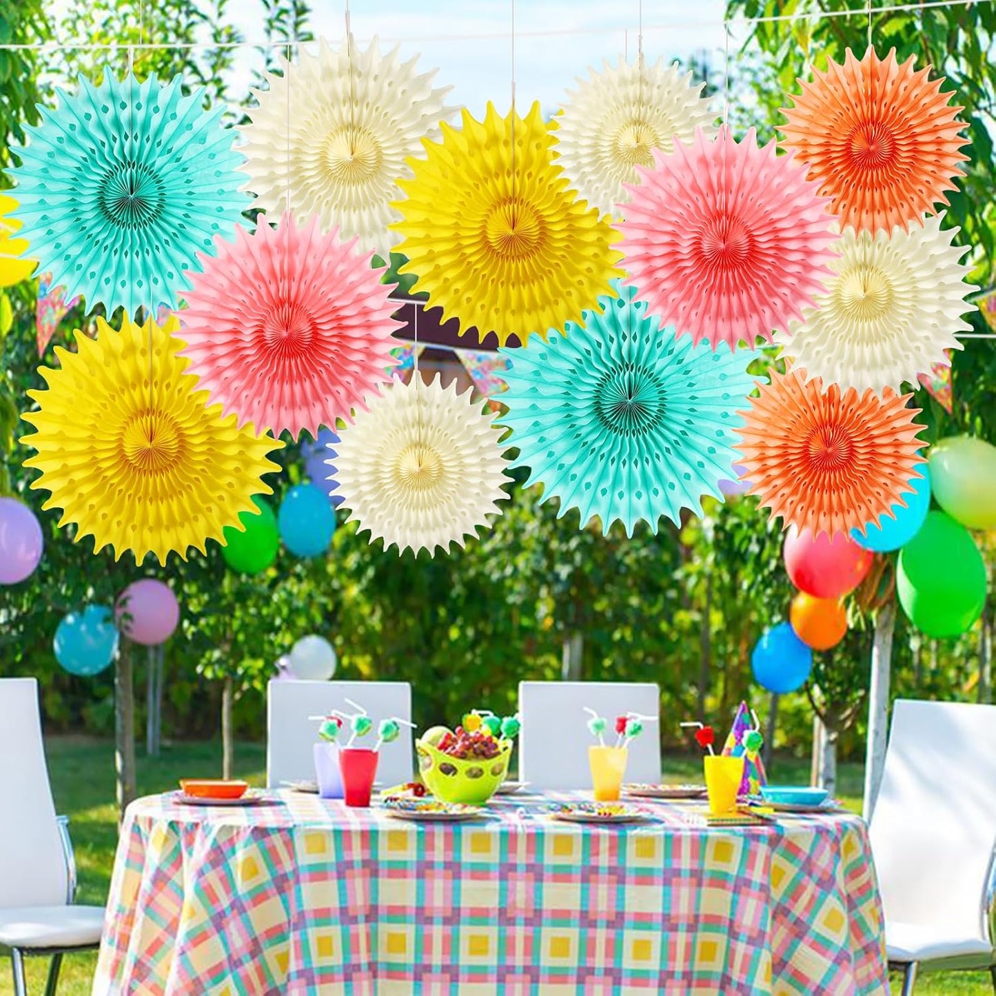 12PCS Paper Fans Colorful Rainbow Pastel Party Decorations Tissue Paper Flowers Decorations for Girl Groovy Birthday Baby Shower Wedding Bachelorette Room Wall Hanging Décor