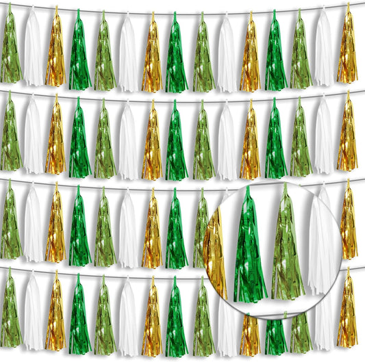 4P Sage-Green Gold Foil Fringe Tassel Banner Garland Metallic Tinsel Streamers Wall Hanging Curtain Backdrop Banners for Parade Floats, 2024 Graduation Decorations, Woodland Party Decoration