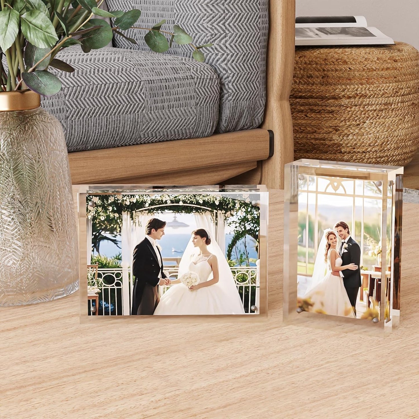Egofine 8x8 Acrylic Frames 2 Pack, 20mm Thicker Frameless Clear Picture Frames, Double Sided Magnetic Picture Frames, Free Standing Desktop Display