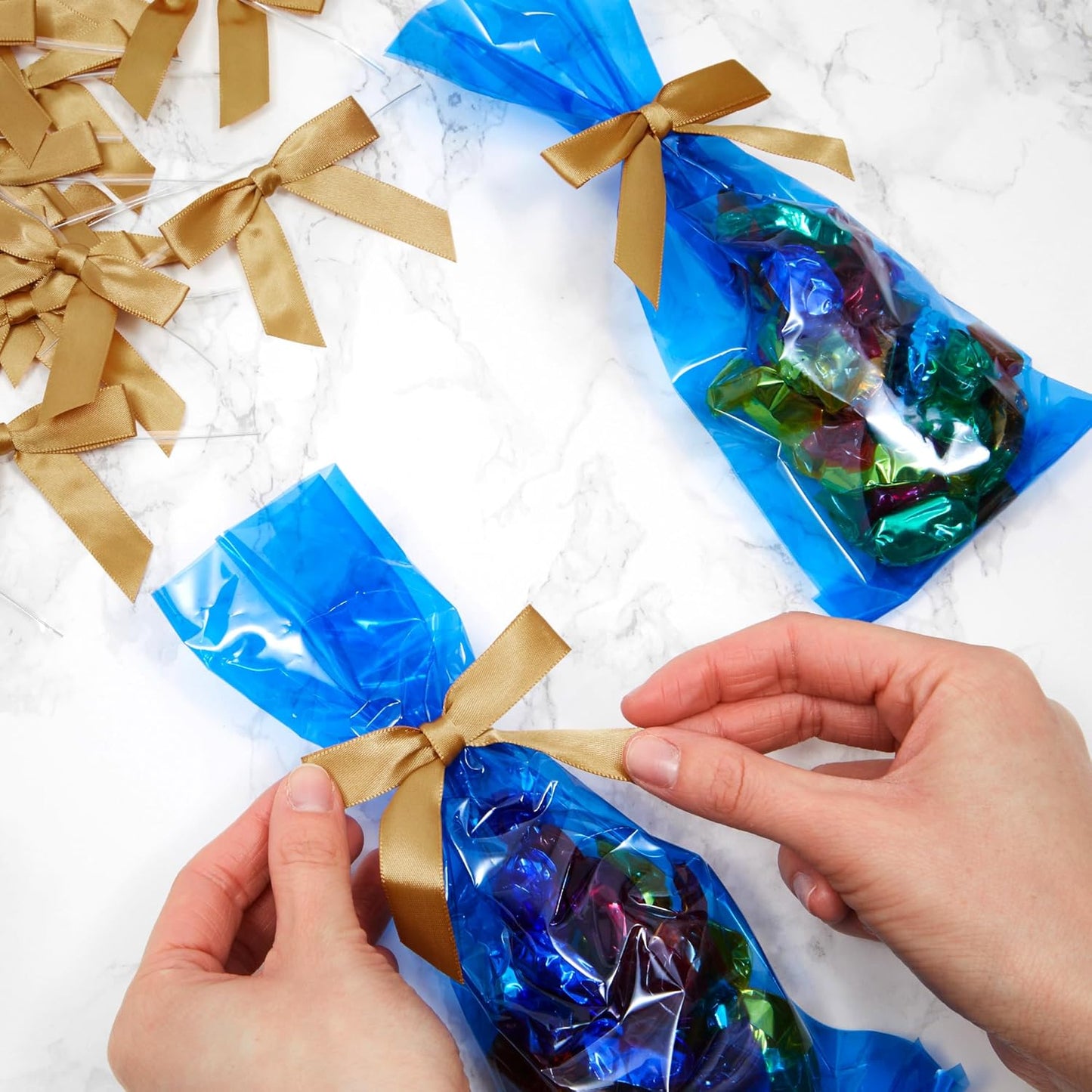 Juvale Satin Twist Tie Bows - Gold Twist Tie Bow Accents - Mini Ribbons for Crafts & Treat Bag Decor - 100 Pack, 3 x 2.5 in, 5.7 in Bands