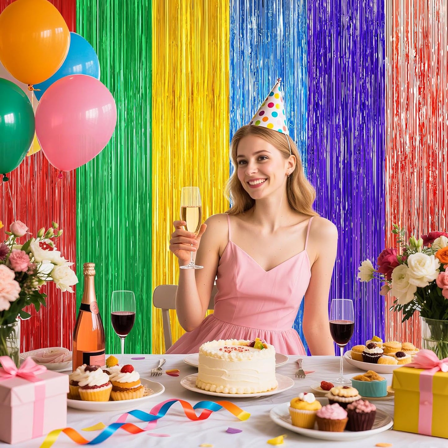 Rainbow Metallic Tinsel Foil Fringe Curtains Backdrop, 2Pack Party Streamers for Birthday Party Decorations Halloween Christmas Decors Foil Curtain Backdrop for Bachelorette Bridal Anniversary Party