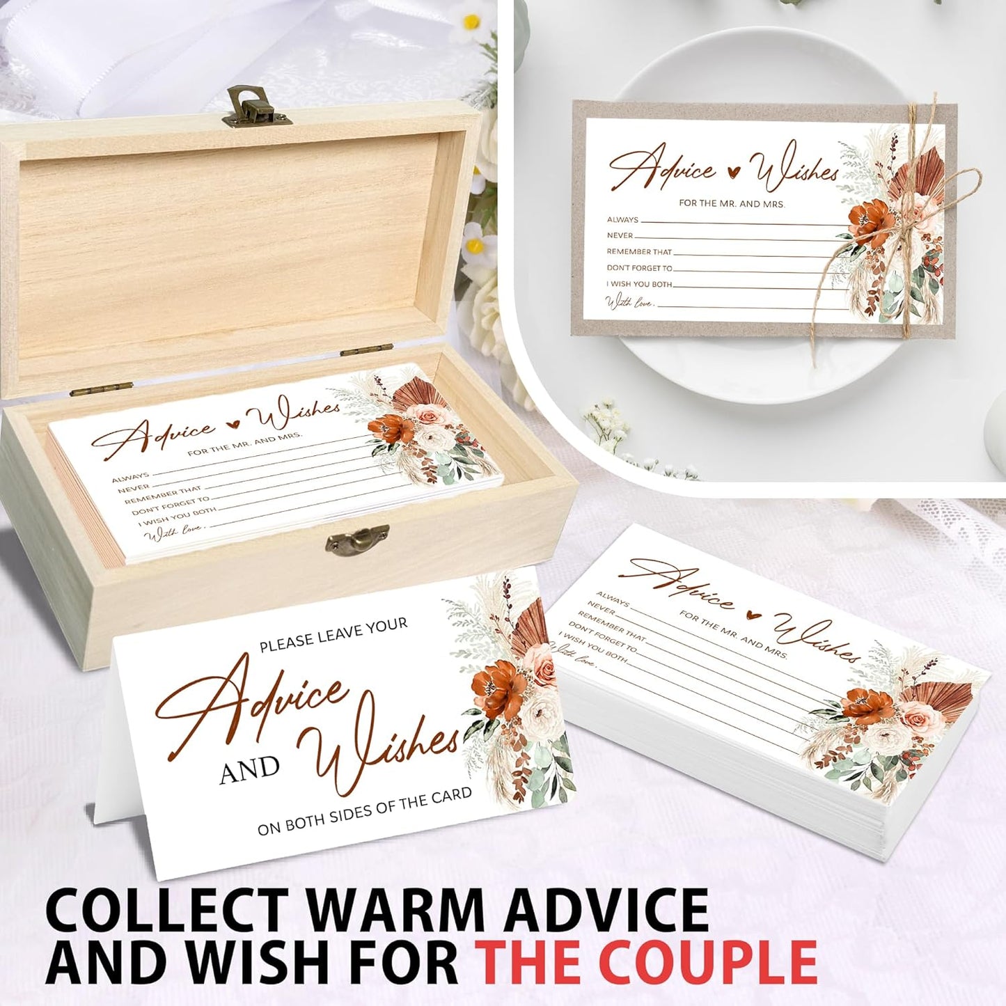 Boho Advice and Wishes for the Mr and Mrs - 50 Packs Wedding Advice Cards Bridal Shower Game Cards with Box Reception Guest Book for Bride Groom Newlywed Engagement Party Decoration -A08