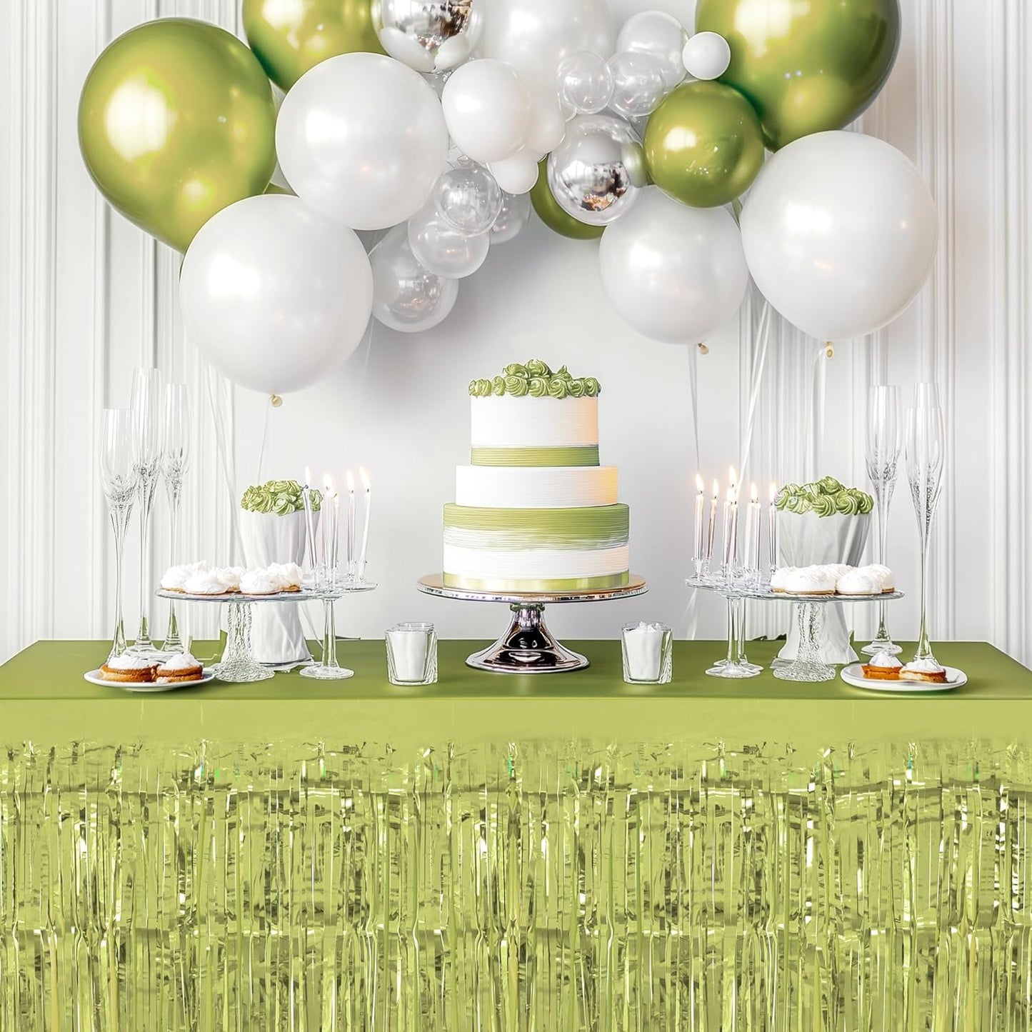 2 Pack Lime Green Table Skirts, 29x108" Metallic Foil Tinsel Fringe Table Skirt for Rectangle Tables Streamer Curtains Backdrop, Party Decorations for Birthdays, Weddings, Holidays