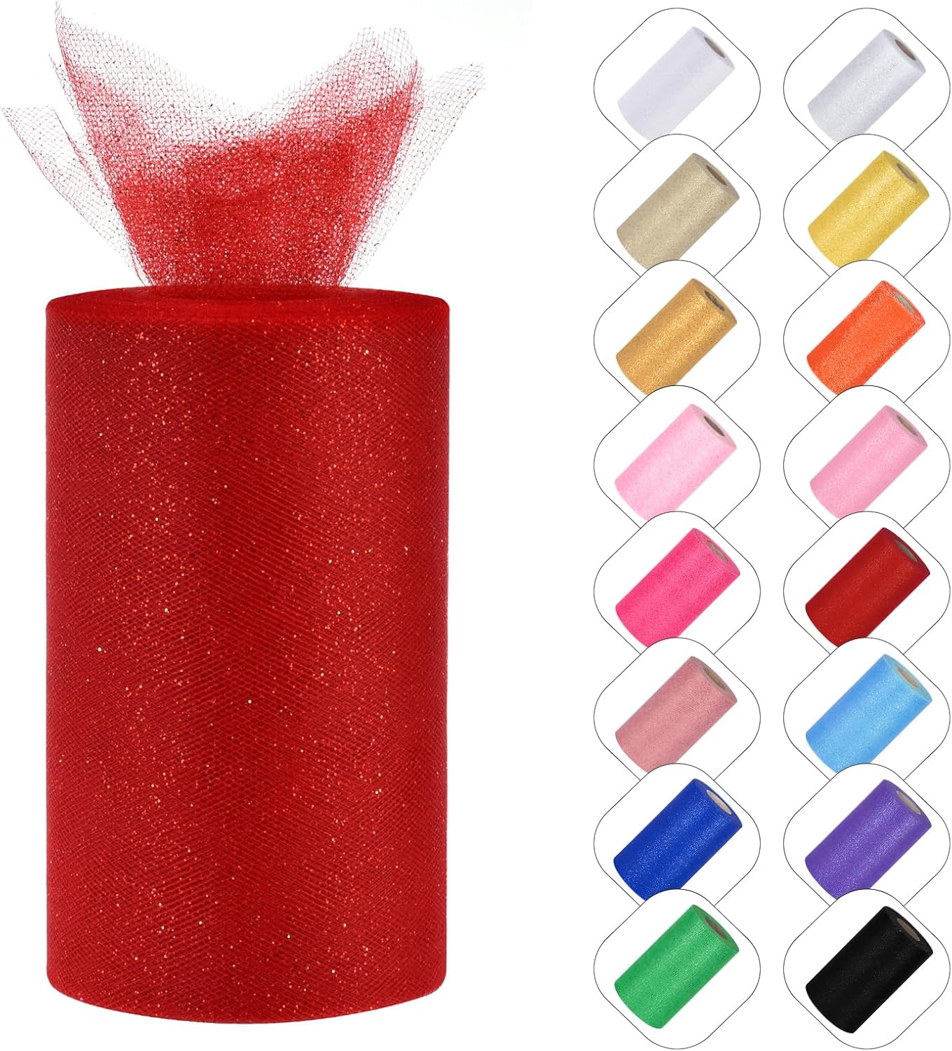 Glitter Tulle Rolls 6” by 50 Yards Sparkle Tulle Fabric Ribbon Sequin Tulle Netting Rolls for DIY Tutu Skirt Wedding Birthday Party Decoration (Red)