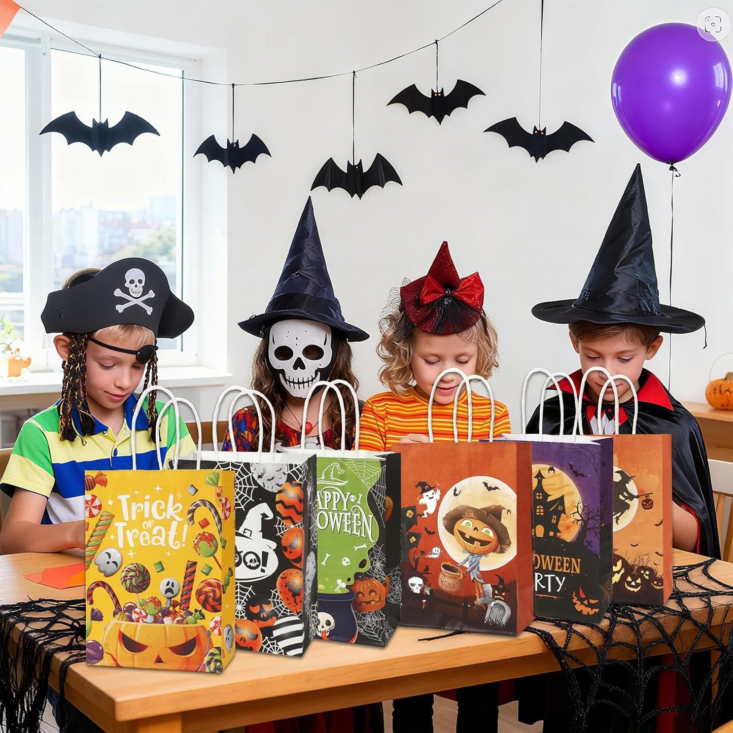 24 Pcs Halloween Paper Gift Bags, 6 Styles Halloween Goodie Bags with Handles, Halloweens Treat Bag Party Favors Bag Holiday Trick or Treat Party Supplies