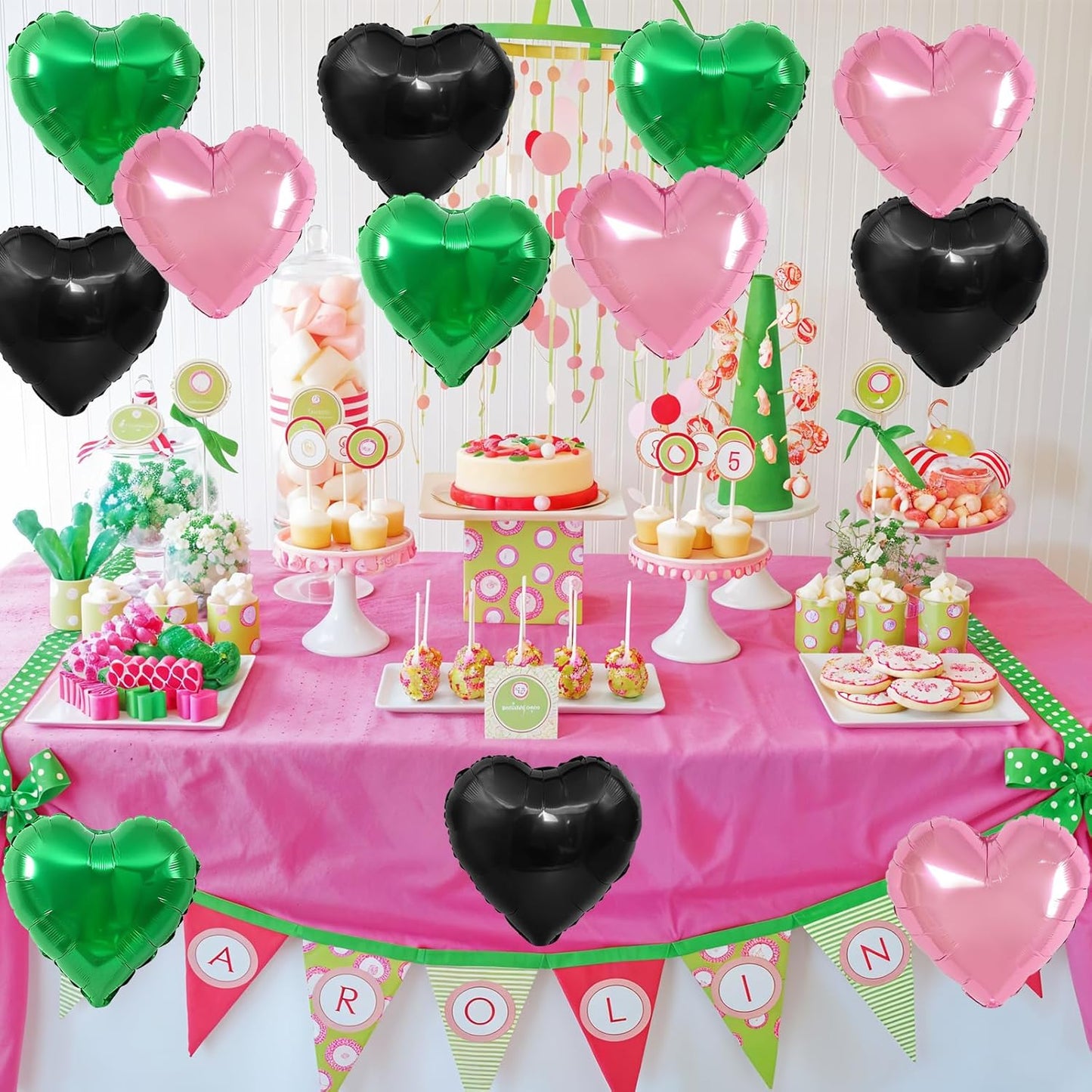 Black Green Pink Heart Balloons,12Pcs 18Inch Pink Green Heart Shaped Foil Helium Balloons for Baby Shower Witch Themed Birthday Anniversary Party Decorations