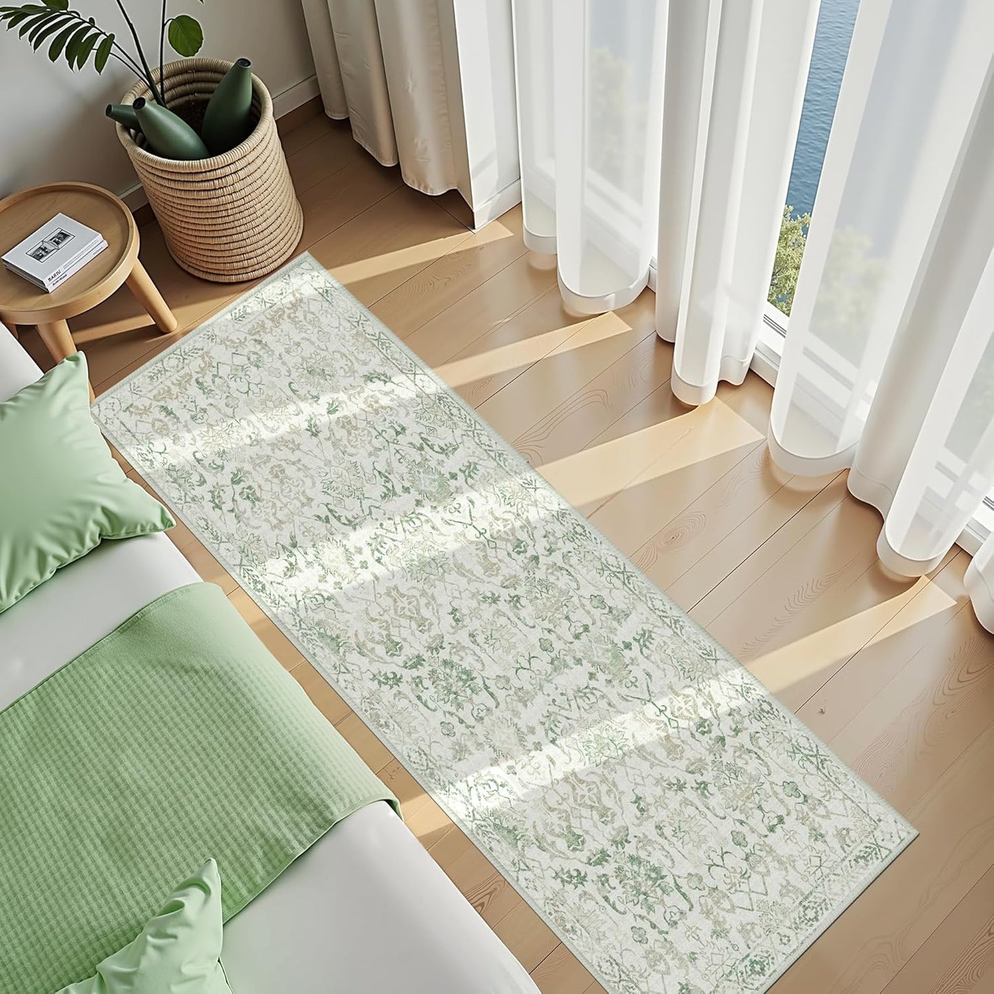Green 3x10 Runner Rug for Hallways Bed Side Kitchen, Boho Washable Distressed Low-Pile Floor Entryway Long Bathroom Mat, Non-Slip Laundry Room Washstand Front Carpet Green 36x84 Inch