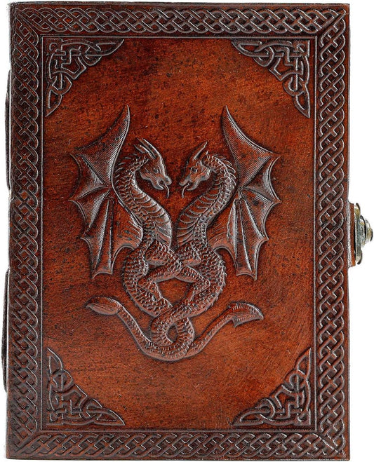 Handmade Leather Double Dragon Journal | Writing Notebook Diary | Bound Daily Notepad for Men & Women Unlined Paper Medium, Writing pad for Artist, Sketch