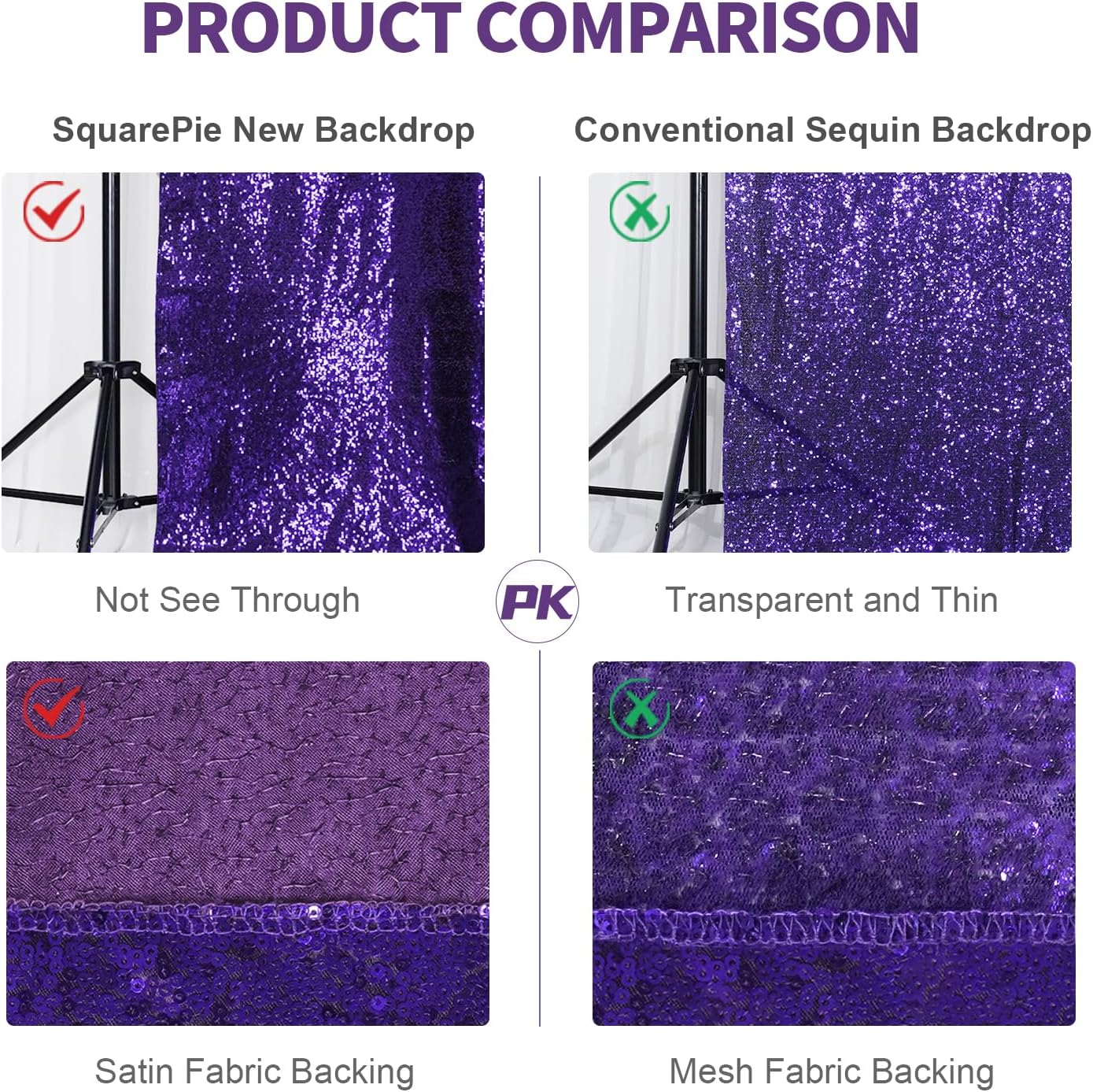 SquarePie Sequin Backdrop Less Transparent Background Sparkly Curtain for Wedding Halloween Party 8FT x 8FT Purple