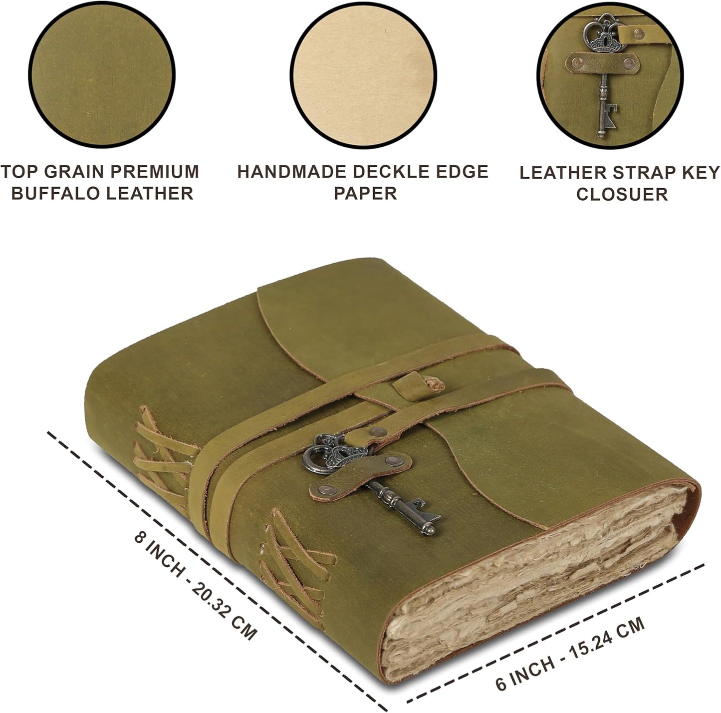 Leather Journal with Lined and Unlined Deckle Edge Paper 8x6 inch and Vintage Key | Handmade Writing Notebook Diary | Bound Daily Notepad for Men & Women Medium, Sketch/Writing pad for Artists