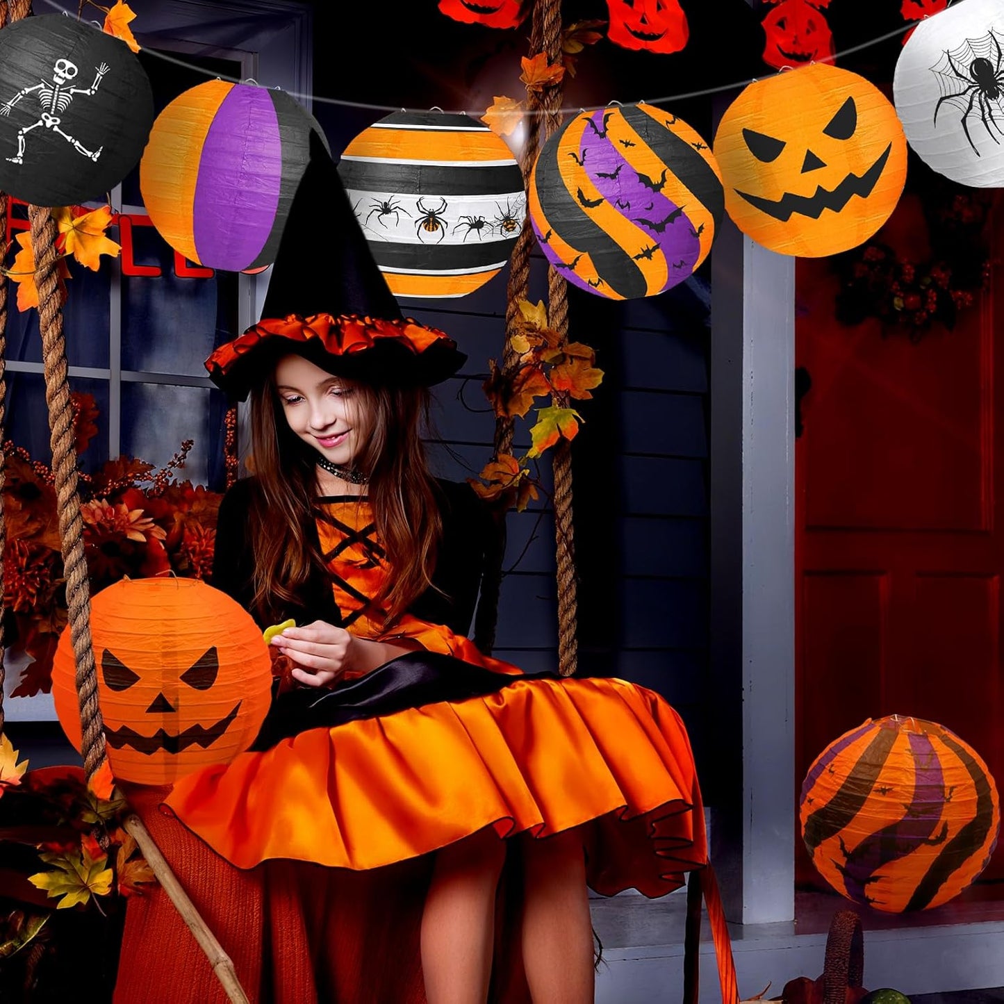 ADLKGG Halloween Party Decorations, Black Orange Purple Hanging Spider Bat Pumpkin Skeleton Paper Lantern for Halloween Birthday Decorations, Trick-or-Treating Events, Wedding,Garden Home Decor, 12pcs