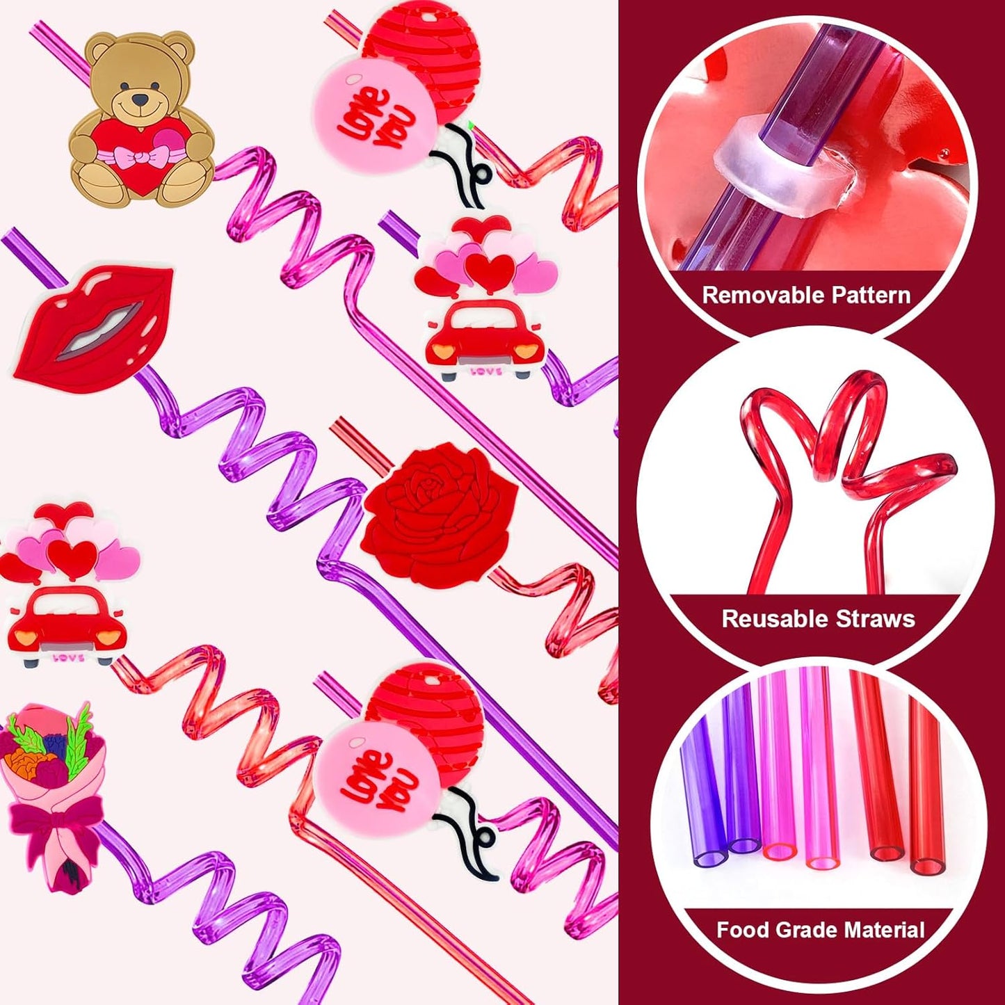 24 Valentines Reusable Party Drinking Straws Birthday Party Supplies Decorations with 2 PCS Cleaning Brushes (Valentines Rose)