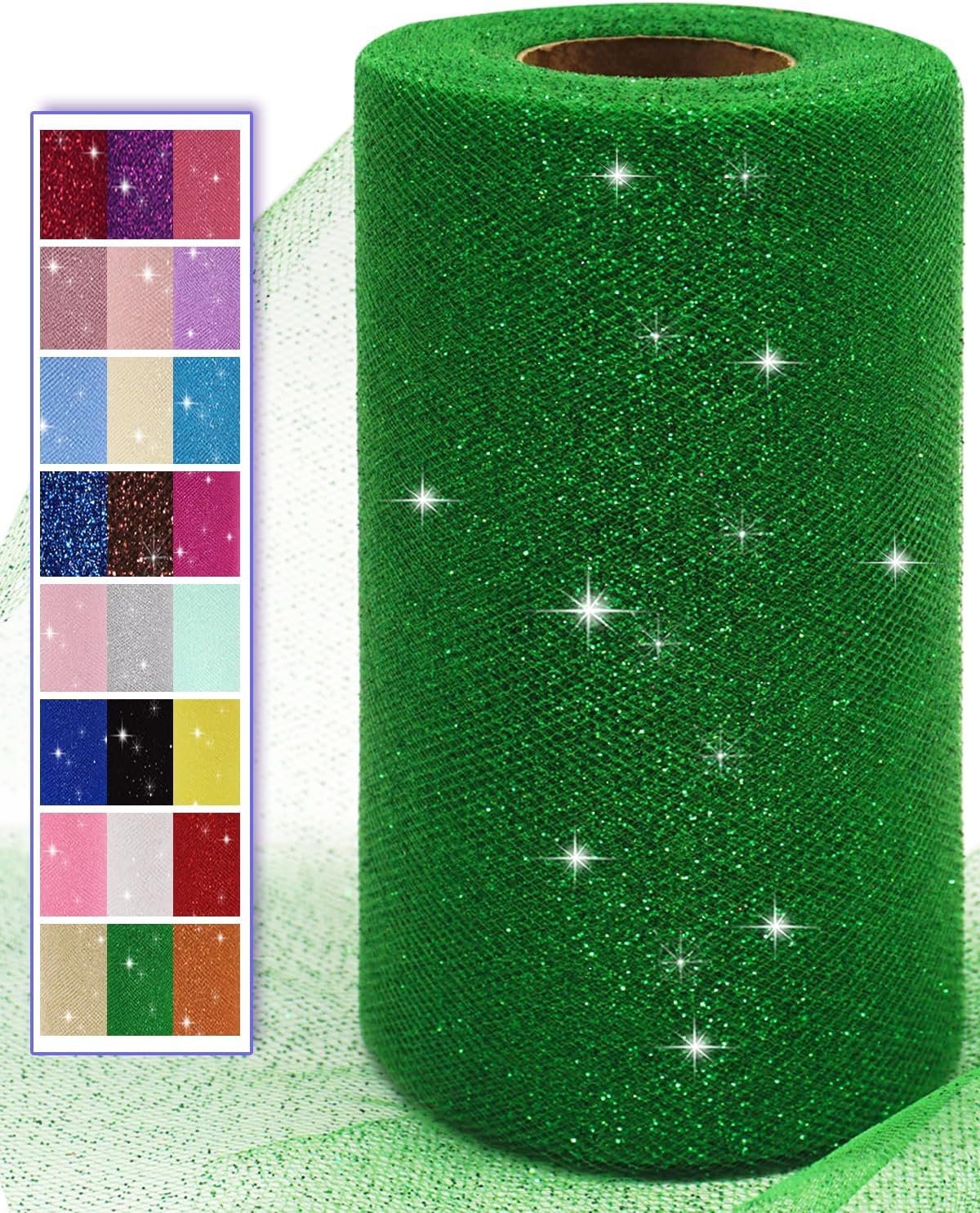 Glitter Tulle Fabric Rolls, 6 Inch 50 Yards (150ft) Sparkling Spool Ribbon Sequin Netting for Tutu Skirt Gift Wrapping Wedding Party Decoration (Emerald Green)