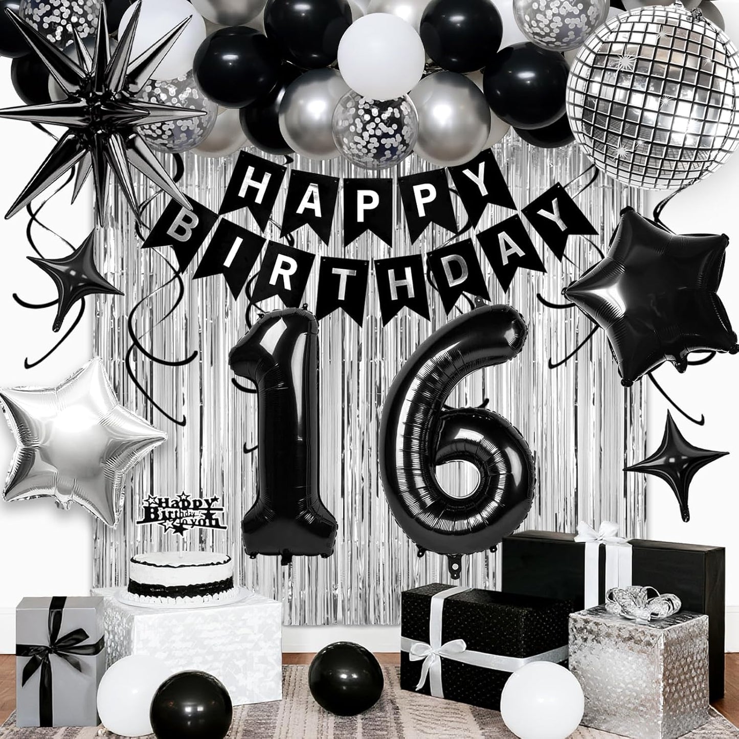 16th Birthday Decorations for Boys Girls, Black Silver Happy Birthday Party Decorations， 16 Year Old Party Supplies with Number 16 Balloons, Banner, Fringe Curtains Kit