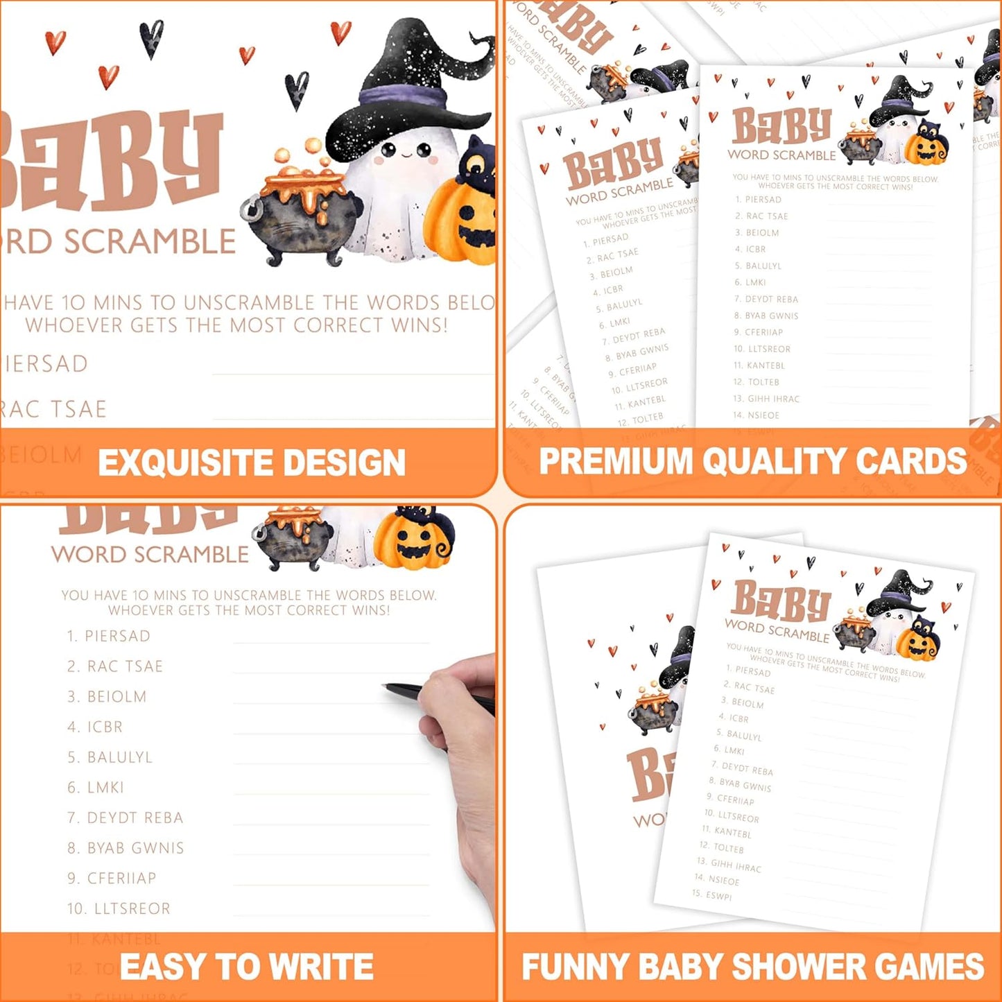 Baby Shower Games, Halloween Baby Word Scramble, 25 Double-Sided Game Cards + 1 Answer Card for Gender Reveal Party Decorations Supplies Announcement - B07