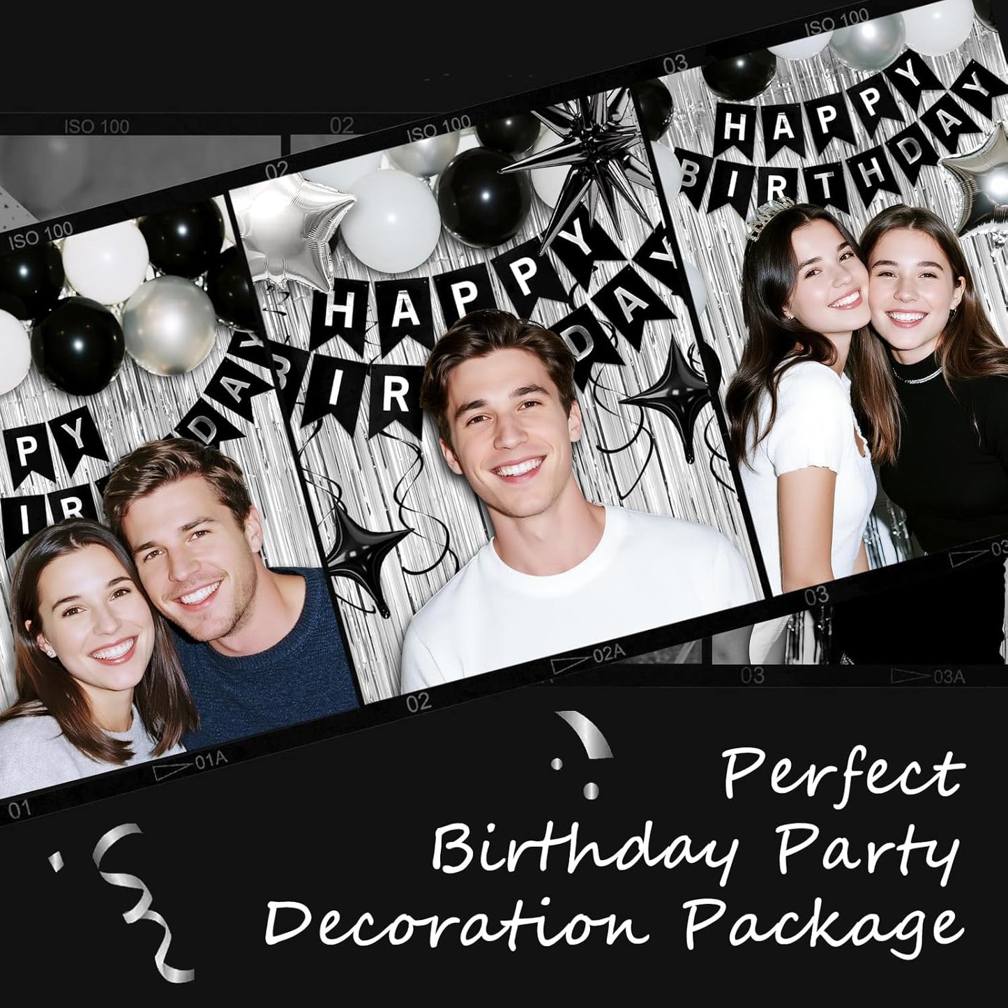24th Birthday Decorations for Men Women, Black Silver Happy Birthday Party Decorations， 24 Year Old Party Supplies with Number 24 Balloons, Banner, Fringe Curtains Kit