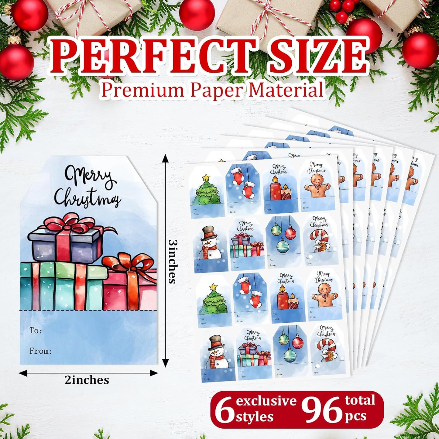 Christmas Gift Tags Stickers, 96Pcs Christmas Gift Labels Stickers, Self-Adhesive Watercolor Christmas Name Tags for Xmas Gifts Wrap Presents Boxes Decoration, 2 x 3 Inch (Blue)