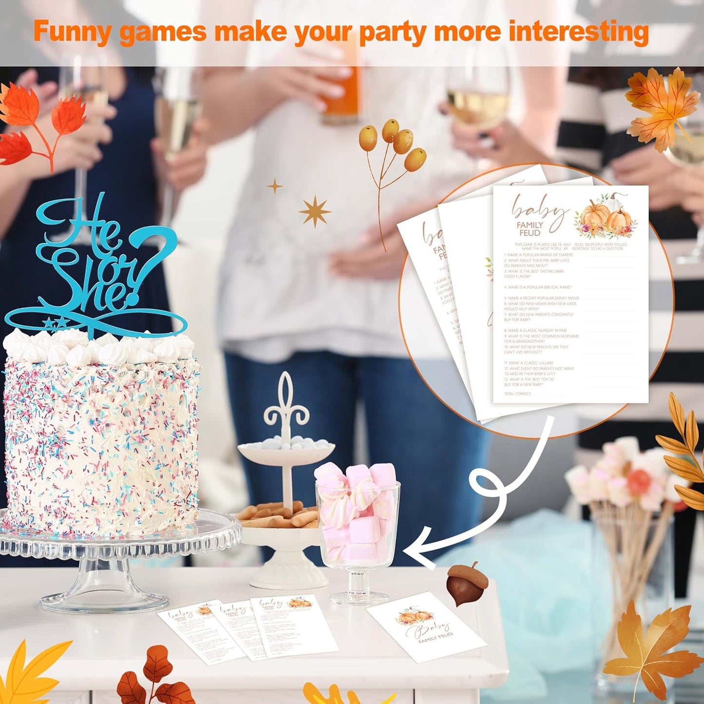 Baby Shower Games, Thanksgiving Baby Family Feud Game Cards + 1 Answer Card, 25 Sets Baby Gender Reveal Party Decorations Supplies - E06