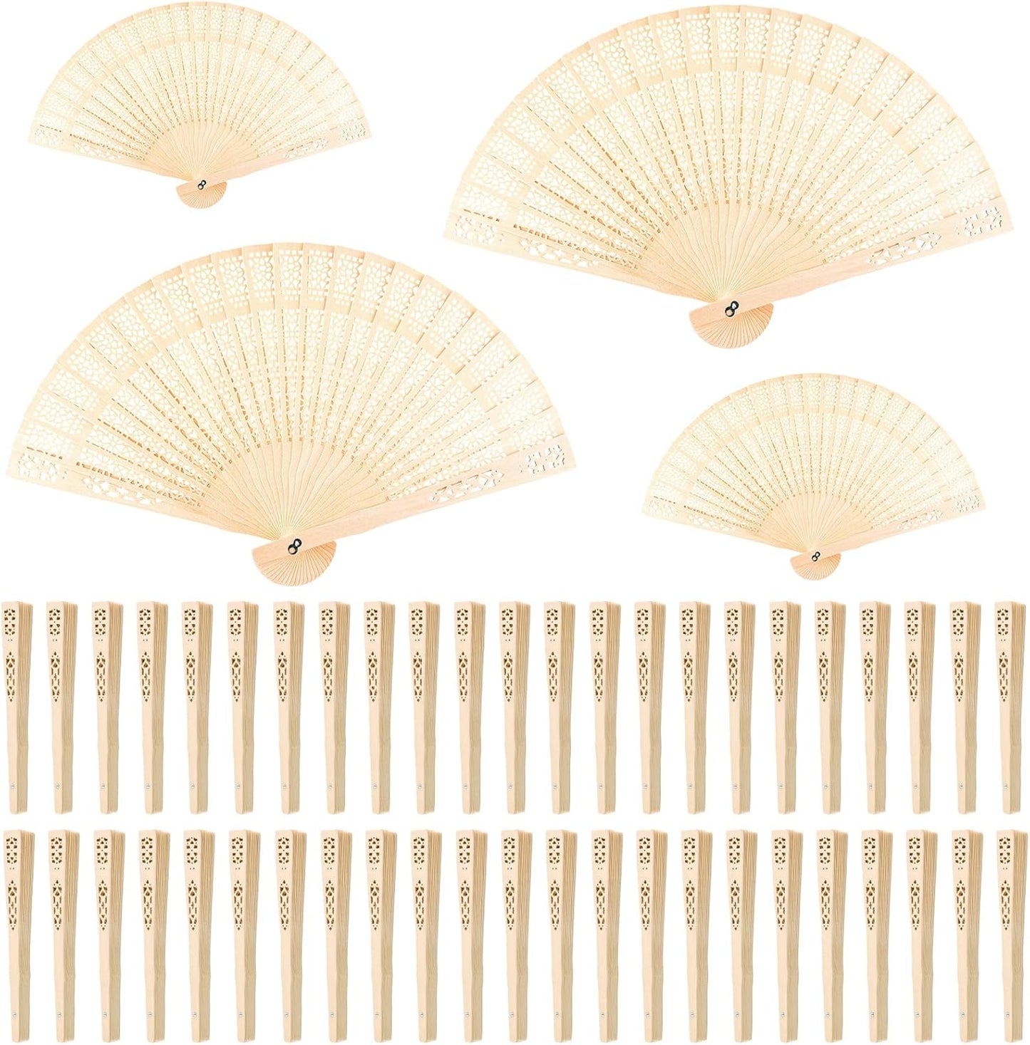 FEPITO 50 Pieces Wooden Handheld Paper Fan Wooden Folding Fans with Bamboos for Wedding Gift, Party, Home