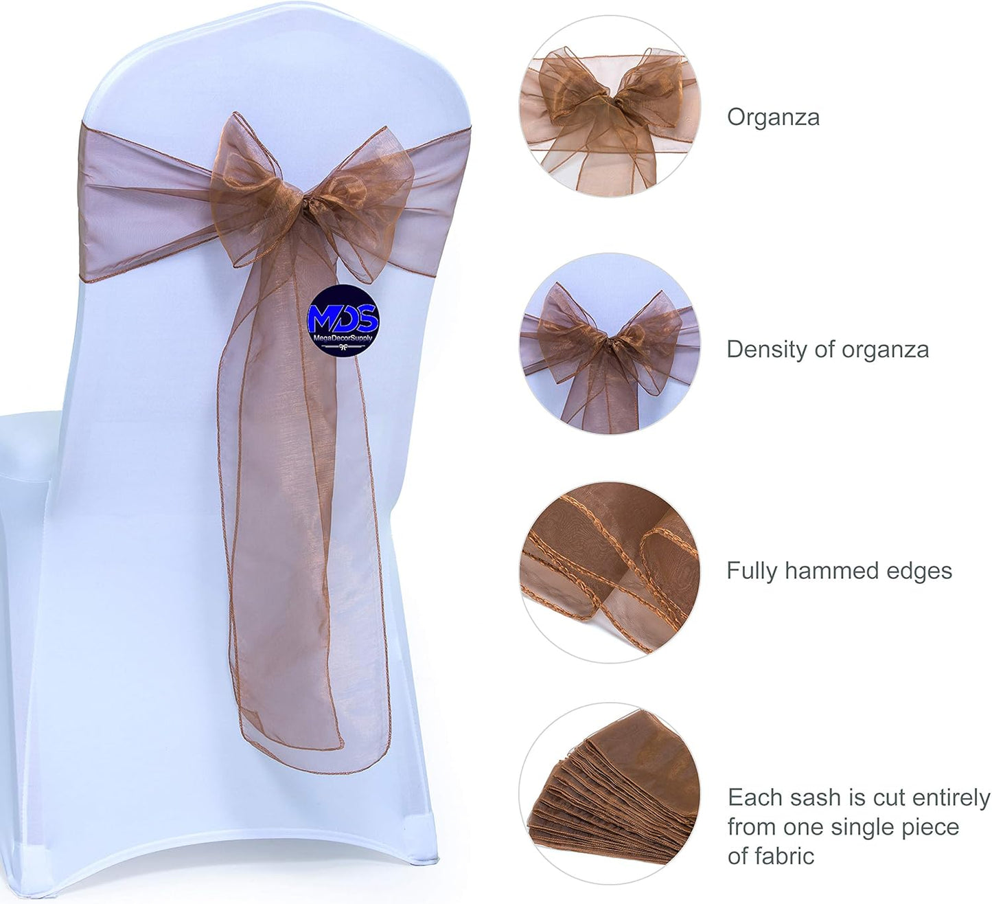 MDS Pack of 75 PCS Organza Chair Sashes Wider Dining Chair Bows Ribbon Tie Back for Wedding Party Birthday Bridal Shower Reception Event Banquet Home Chair Cover Decoration - Coffee