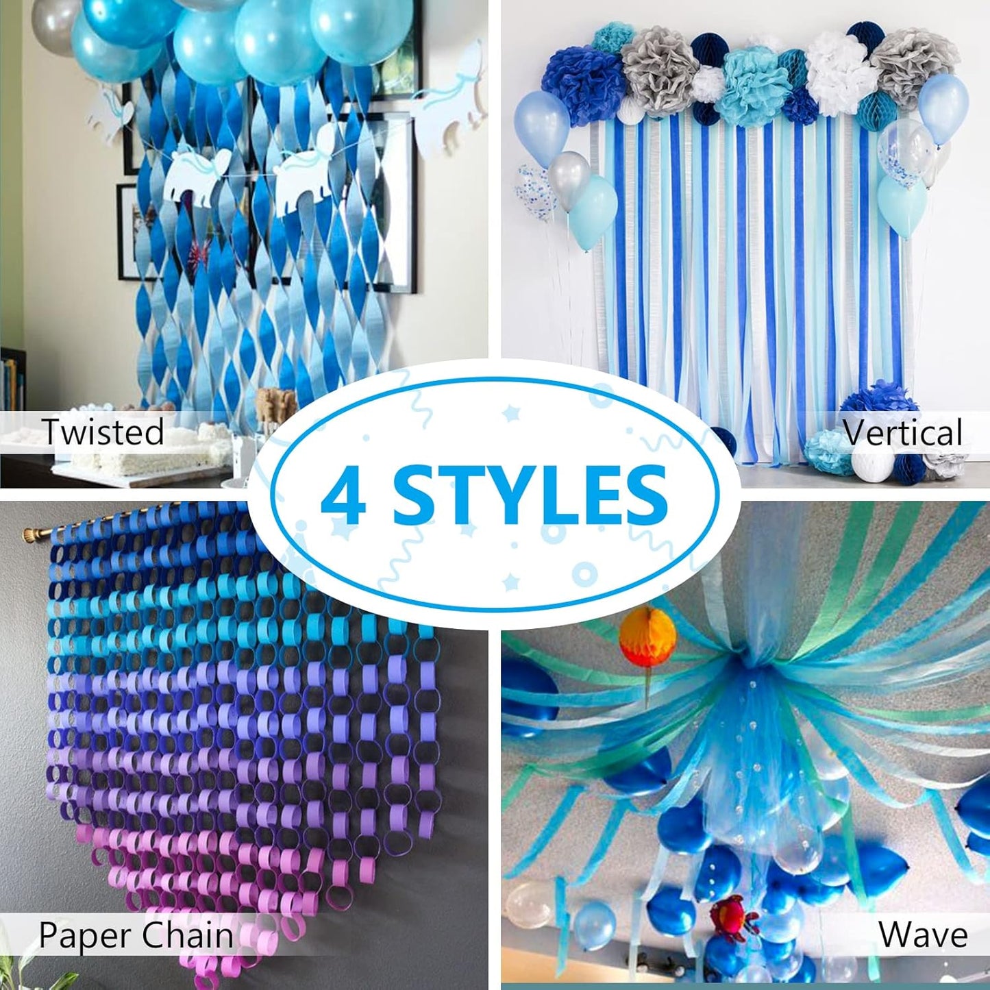 PartyWoo White and Blue Crepe Paper Streamers 4pcs 328ft Pack of Light Blue Pearl White Crepe Paper Streamers for Birthday Gender Reveal Baby Shower Graduation Pool Under The Sea Party Decorations