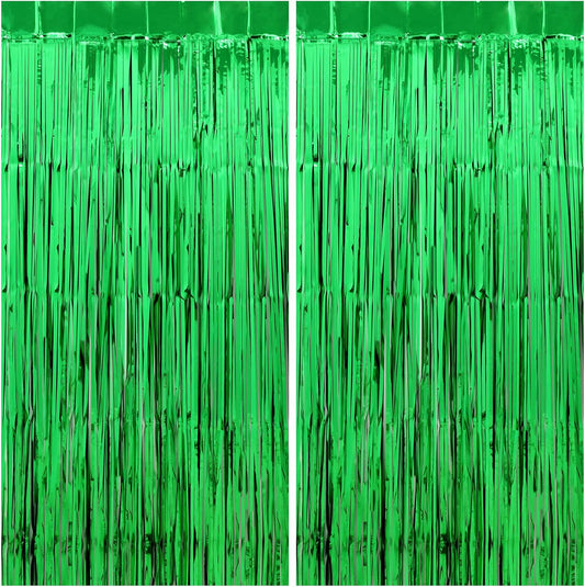 Green Streamers - Thicken 2 Pack 3.2 x 8.2 FT - Tinsel Foil Fringe Curtains Party Backdrop for Birthday, Dinosaur, Jungle, Football, Golf Party Decorations