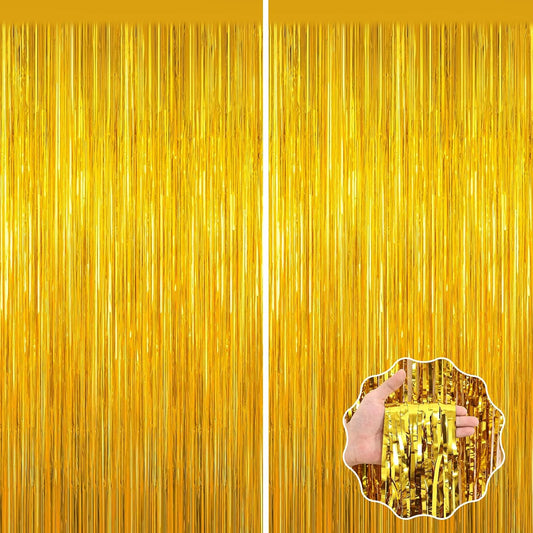 Gold Tinsel Backdrop Birthday Decorations, 2Pack Foil Curtain Backdrop Gold Streamers Dance Party Decorations Photo Booth Props for Bachelorette Decors Christmas Halloween New Years Eve Party Supplies