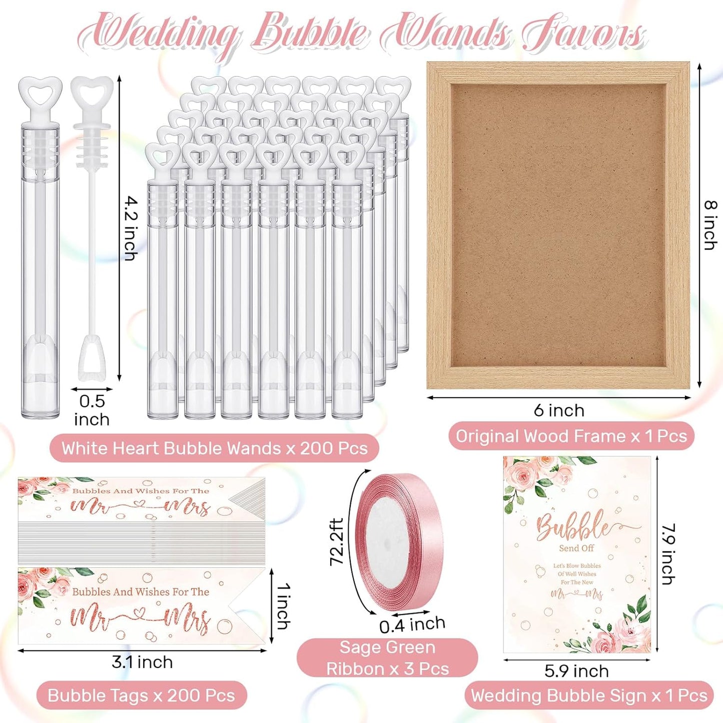 405 Pcs Wedding Bubbles Wands Set Include Heart Bubble Wands Bubbles Send Off Cards Gift Tags Wood Photo Frame Ribbons for Wedding Send Off Party Favors (Rose Pink)