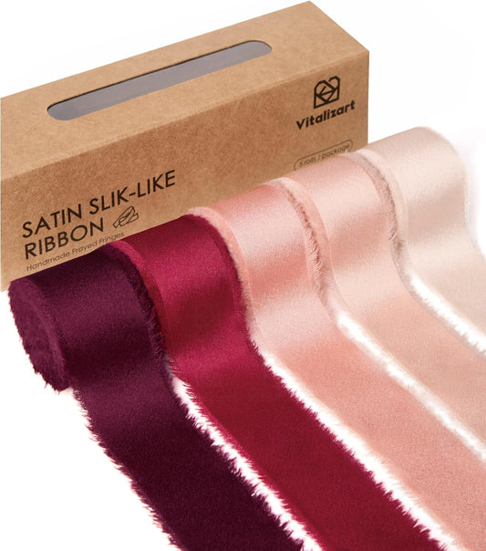 Vitalizart Silk Like Satin Ribbon 1 inch x 25 Yard Red & Pink Handmade Frayed Ribbons for Gift Wrapping Baby Shower Wedding Bridal Bouquets Holiday Decor