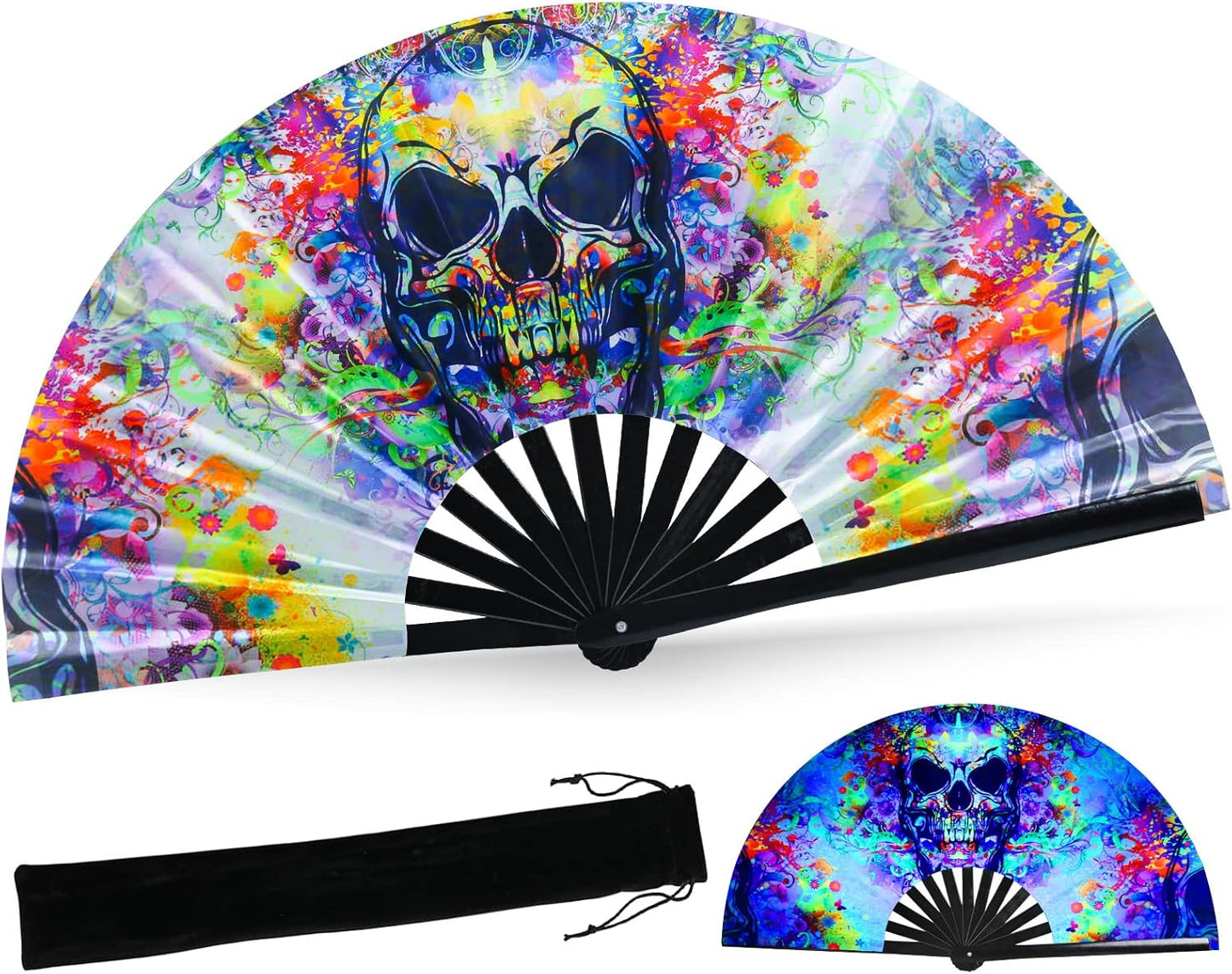 SYNTECSO Folding Hand Fan for Rave, UV Glow Fan, Large Bamboo Fan for Drag Queen, Women and Men Gift，Chinese Japanese Clack Fan for Parties, Music Festivals, EDM and Decoration