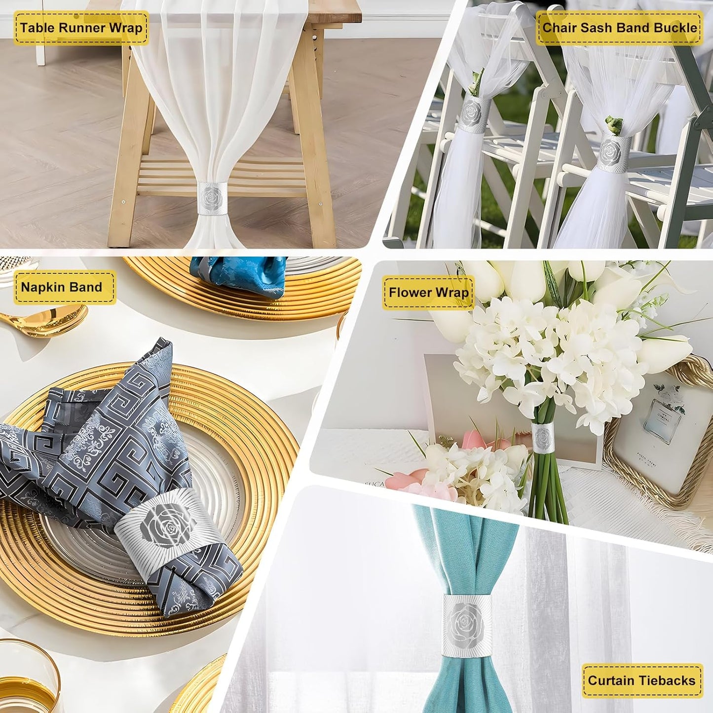 Polymer Material Reusable Napkin Band, Glue-Free Tear-Proof Water Resistant Oil-Proof Napkin Bands Set of 50(Front Silver Rose and Back Silver Color), 6 Adjustable Sizes Napkin Rings