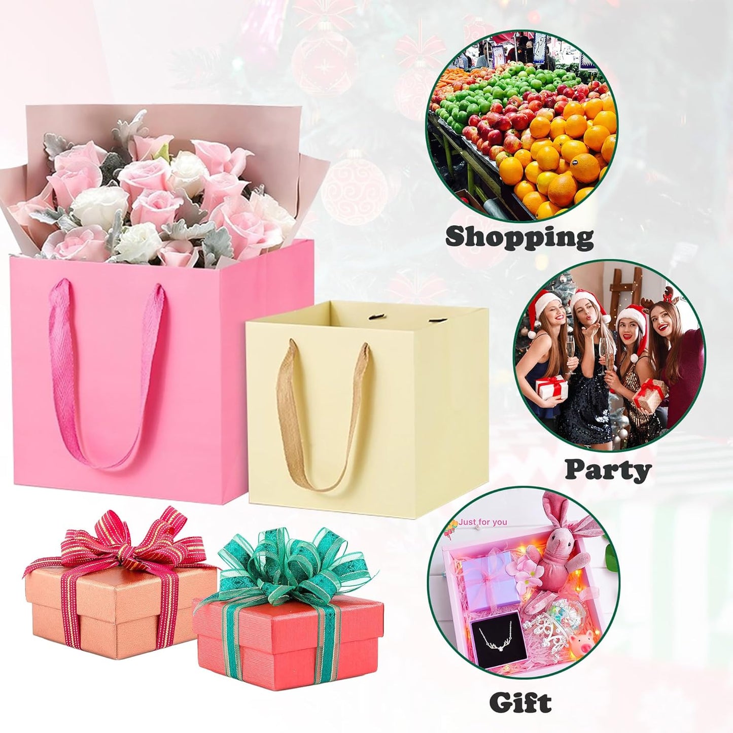 ADIDO EVA Silver Square Gift Bags Small Size Square Bottom Paper Bags with Handles for Party Favor, Shopping Packaging Bag (6x6x6 IN, 10 CT)