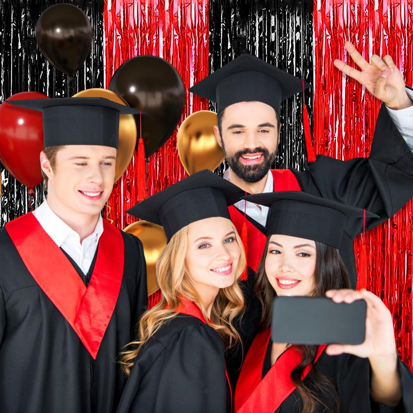 3 Pack Black Red Foil Fringe Curtain Backdrop, 3.28Ft x 8.2Ft Metallic Tinsel Foil Fringe Streamer Curtains for Photo Booth, Christmas Day, Thanksgiving, Wedding, New Year Party Decorations