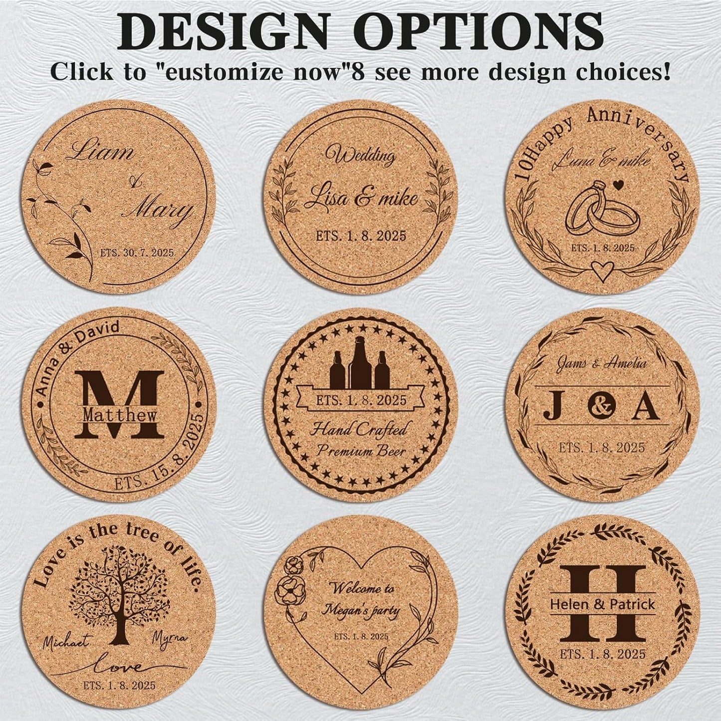 Custom Coasters Personalized Cork Coasters Bulk with Logo Wedding Personalized Cork Natural Wood Engraved Drink for Wedding Favors (Cork Coasters - Circle)