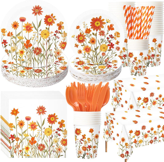 452 Pcs Fall Floral Party Supplies Orange Wildflower Tableware Set, Fall Floral Paper Plates Napkins Cups Tablecloth Cutlery Straw for Thanksgiving Autumn Harvest Wedding Birthday Decoration