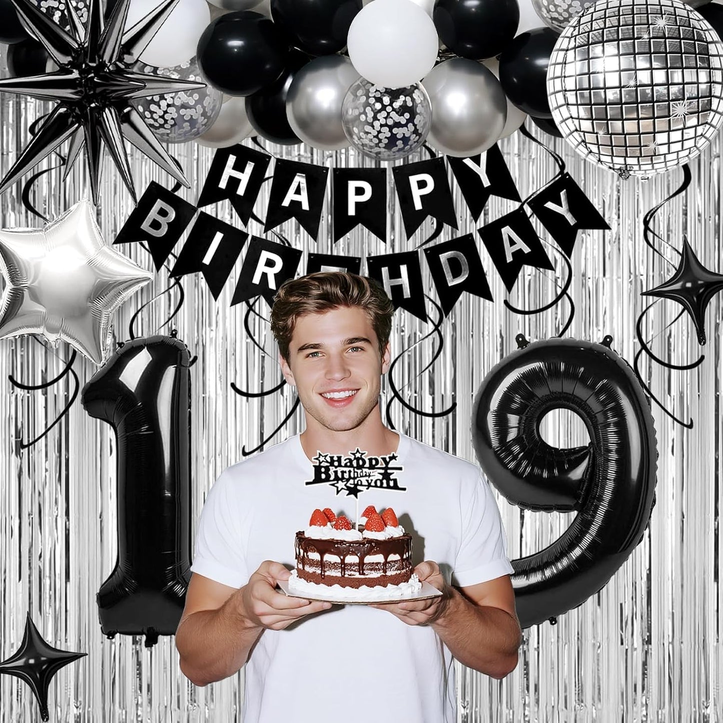 19th Birthday Decorations for Boys Men, Black Silver Happy Birthday Party Decorations， 19 Year Old Party Supplies with Number 19 Balloons, Banner, Fringe Curtains Kit