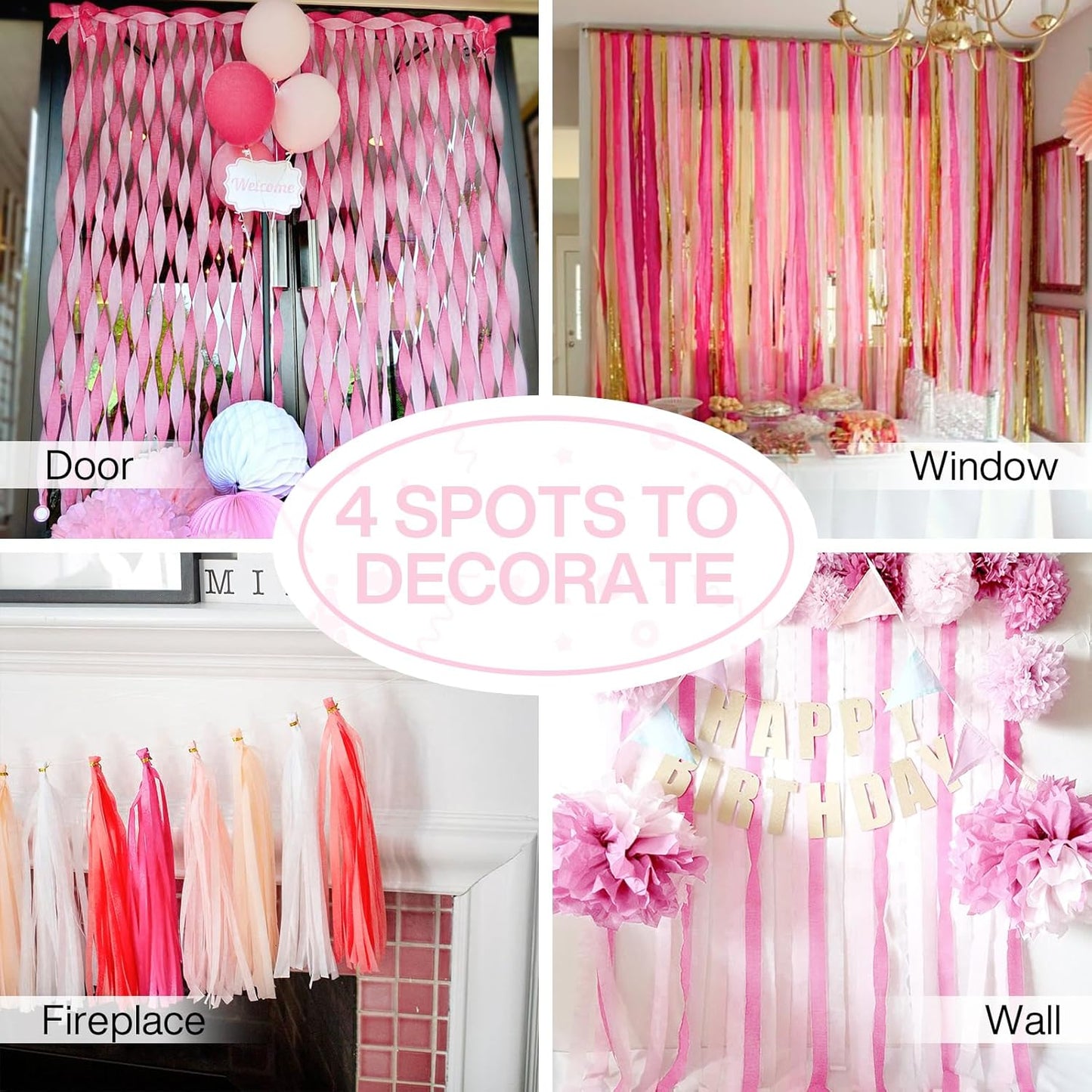 PartyWoo Crepe Paper Streamers 4 Rolls 328ft, Pack of Crepe Paper Perl Pink Streamers Decorations, Crepe Paper for Birthday Decorations, Party Decorations, Wedding Decorations (1.8 in x 82 Ft/Roll)