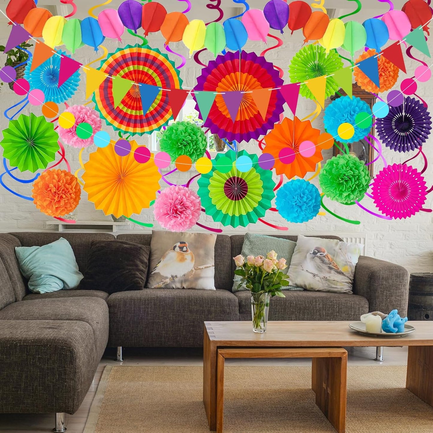 33Pcs Fiesta Decorations Cinco De Mayo Decorations Multi-Color Paper Fans Garlands Pennant Pom Poms Hanging Swirls For Birthday Wedding Rainbow Mexican Party
