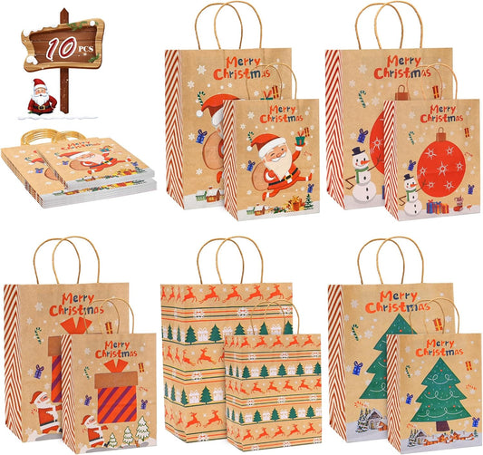 LYLIN 10Pcs Kraft Christmas Gift Bags, Christmas Tote Bags with Handles for Holiday, Reusable Xmas Treat Bags for Wrapping Gifts, Party Favors and Holiday Decor (5 Medium, 5 Small)